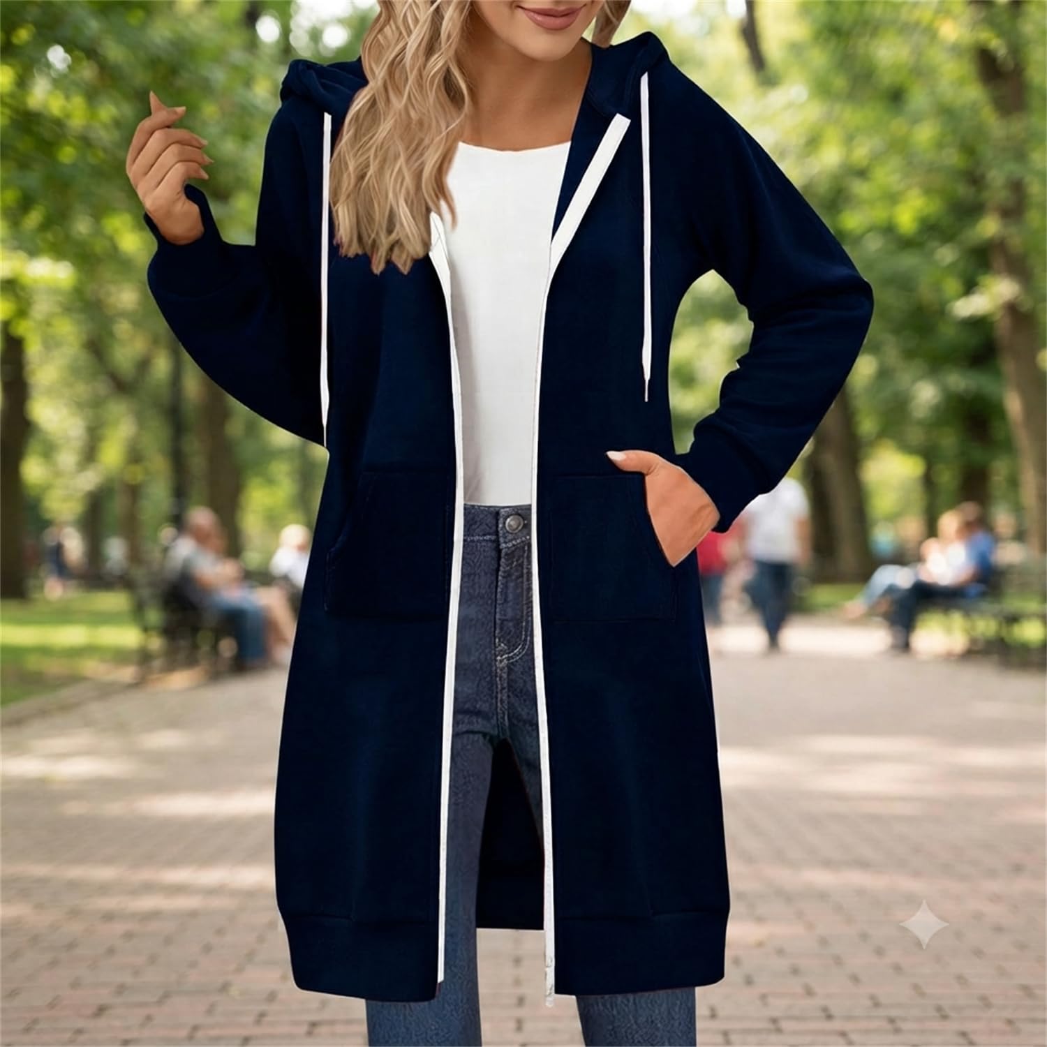 Długie bluzy z kapturem dla kobiet zapinana na zamek polarowa oversize bluza z długim rękawem | Swobodne bluzy z podwójnym zamkiem błyskawicznym, luźny krój z kieszeniami modne jesienne zimowe ubrania Y2k