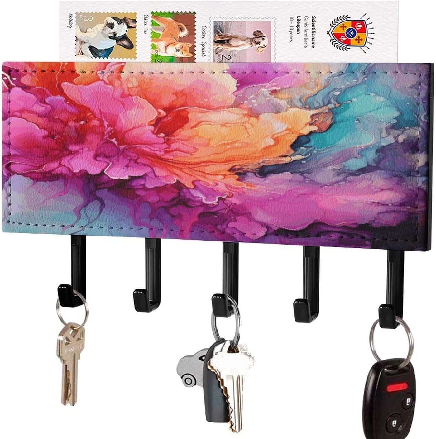 Leather Key Holder Wall Mount with 5 Hooks, Self-Adhesive Key Rack