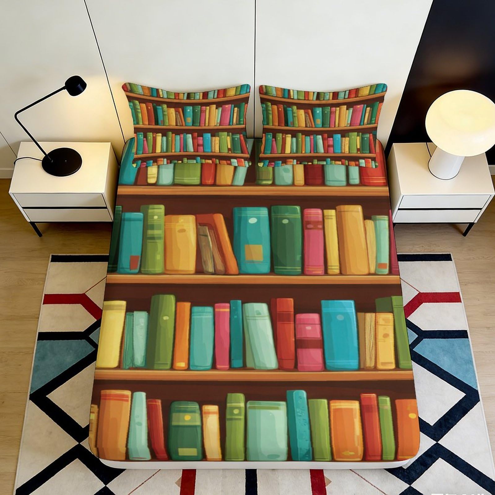 Pnayamiorkfel Style-4 3D Printed Bookshelf Fitted Sheet Microfiber Colorful Library Bed Cover For Bedroom Dorm Mattress Protection Decor 90X200x25cm