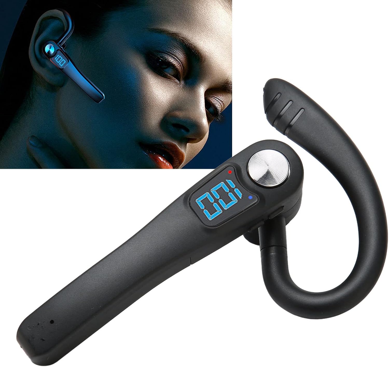 Bluetooth Earpiece, Single Ear Earphone, Hands Headset with LED Display, Voice Control for Driving Business