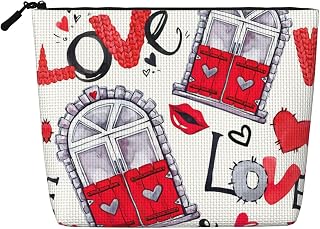 Red Heart Lips And Love Print Single Layer Fake Hemp Makeup Bag Zipper Toiletry Bag Zipper Accessories