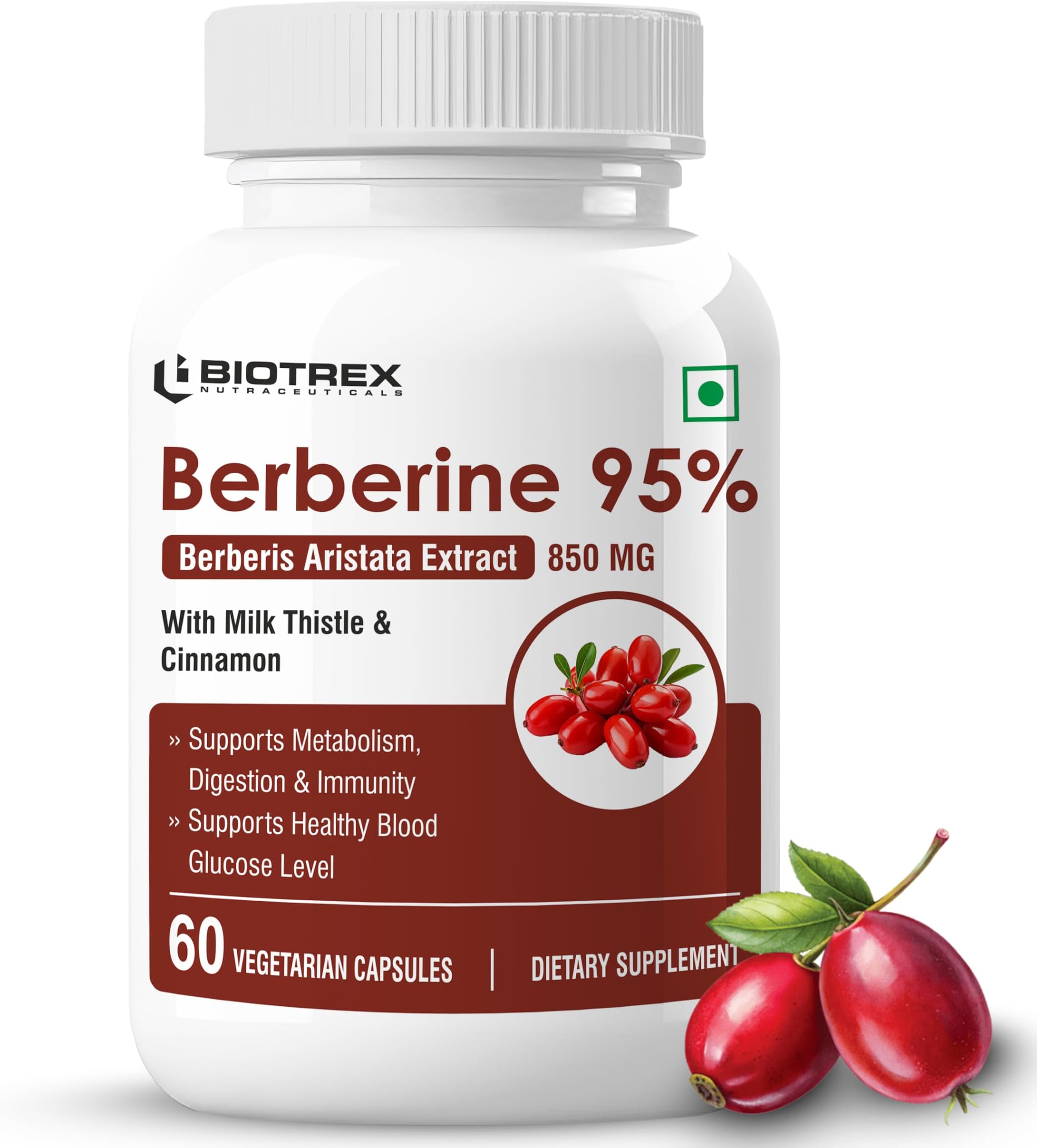 Biotrex Nutraceuticals Berberine HCL 850mg | 95% High Purity | With Milk Thistle & Cinnamon | Maintain Healthy Glucose Levels | Metabolic Support & Digestive Wellness | Lab Tested | 60 Veg Capsules