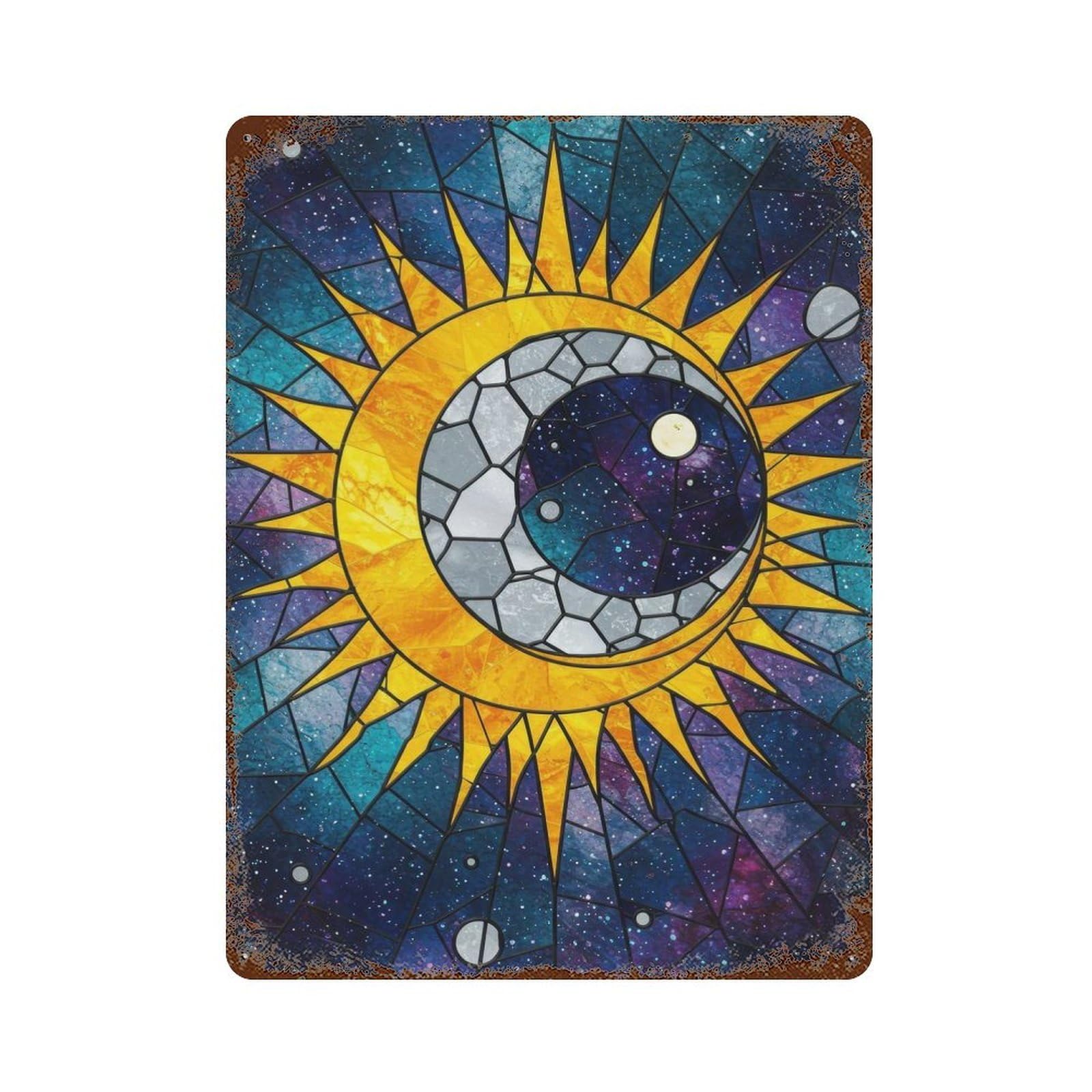 Distressed Metal Wall Sign Stained Glass Sun And Moon Galaxy 15.7"x11.8", Vintage Wall Decor for Garage, Bar And Workshop Decor