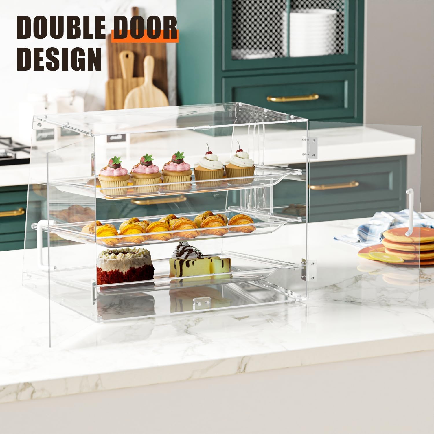 3-Tray Bakery Display Case with Rear Doors, 20.9 x 17.3 x 16.7 inches, Clear Countertop Cabinet for Pastries and Desserts