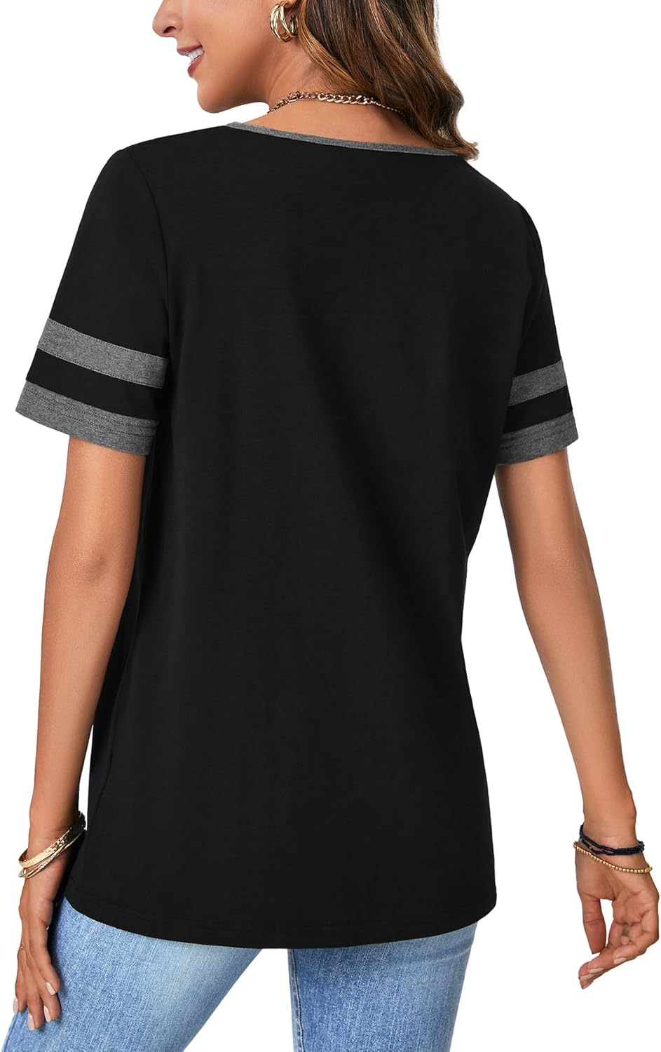 Vrtige Women's Color Block V Neck Short Sleeve Shirts Casual Buttons Tunic T-Shirt Tops - Image 5