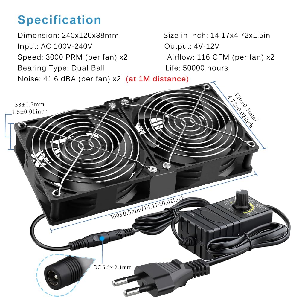 GDSTIME Lüfter 220 V 120 mm Double 120 mm x 38 mm Lüfter 230 V Kugellager Lüfter mit 4 V -12 V Geschwindigkeitsregler für PC Server PSU Schrank