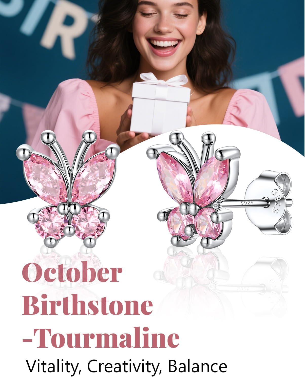 Silvora Birthstone Earrings for Women, 925 Sterling Silver Butterfly Stud, Small Butterfly Earrings Birthstone Jewelry - Image 5