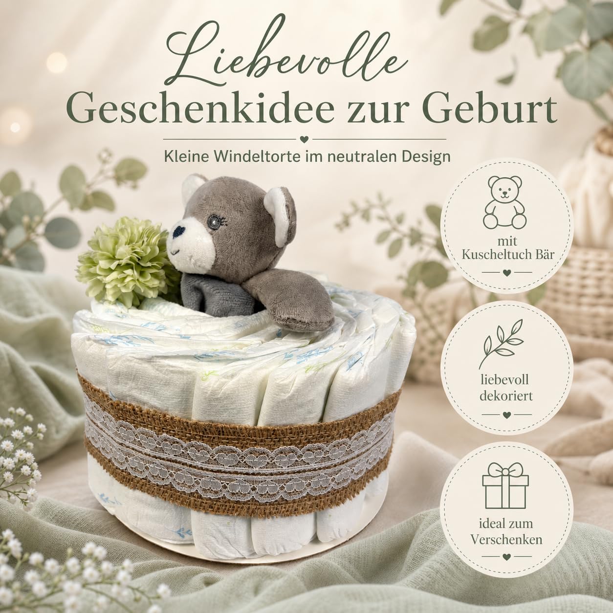 Windeltorte neutral zur Geburt | Geschenkset für Baby & Eltern | 14 Markenwindeln Größe 2 | Kuscheltuch „Bär“ mit Rasselfunktion | Grußkarte „Hallo Baby“ | liebevoll handgemacht in Deutschland