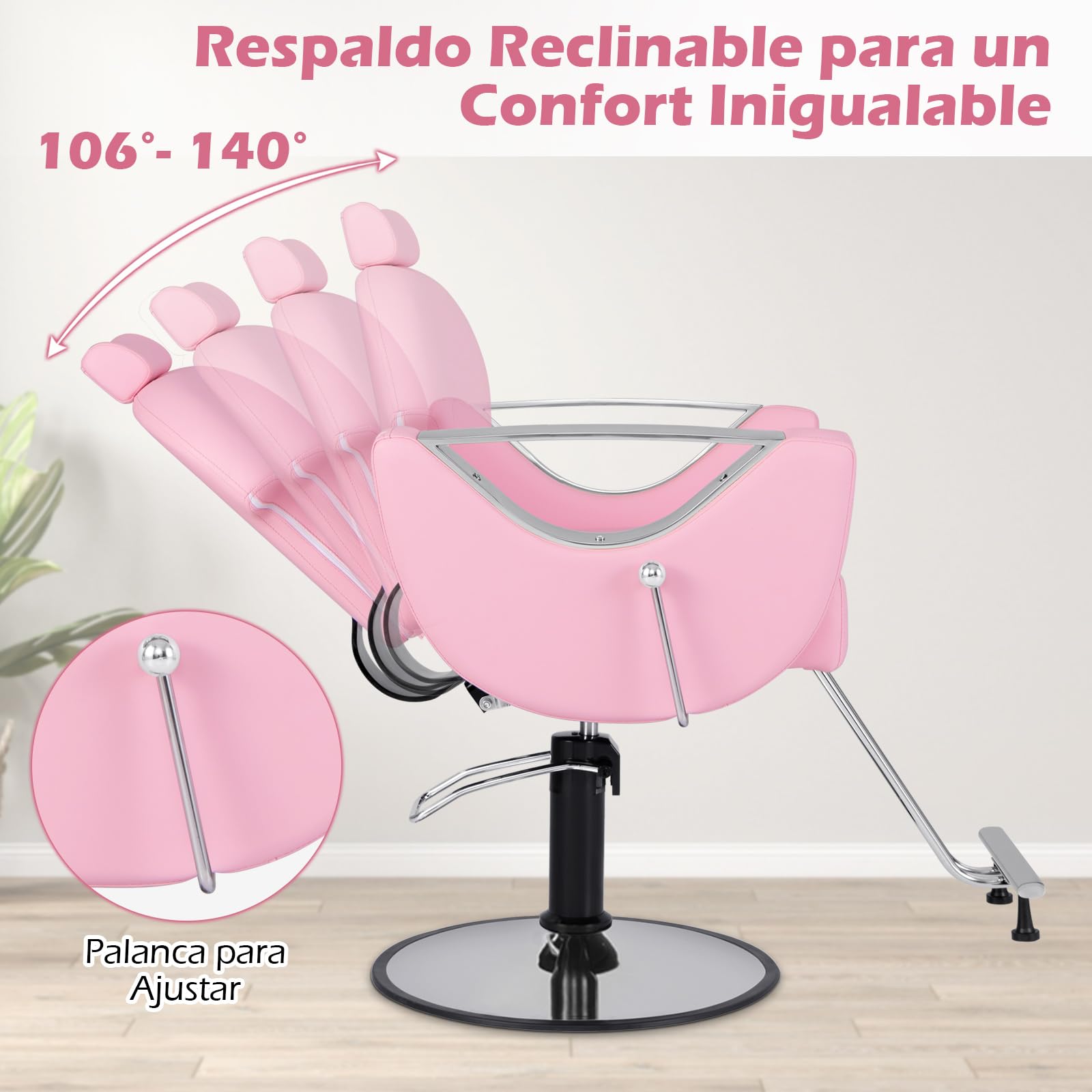 COSTWAY Silla de Peluquería Reclinable, Silla de Barbero Ajustable en Altura y 360°Giro, con Bomba Hidráulica, Esponja Densa y Base Metálica Estable, Ideal para Peluquería, Tatuajes y SPA (Rosa)
