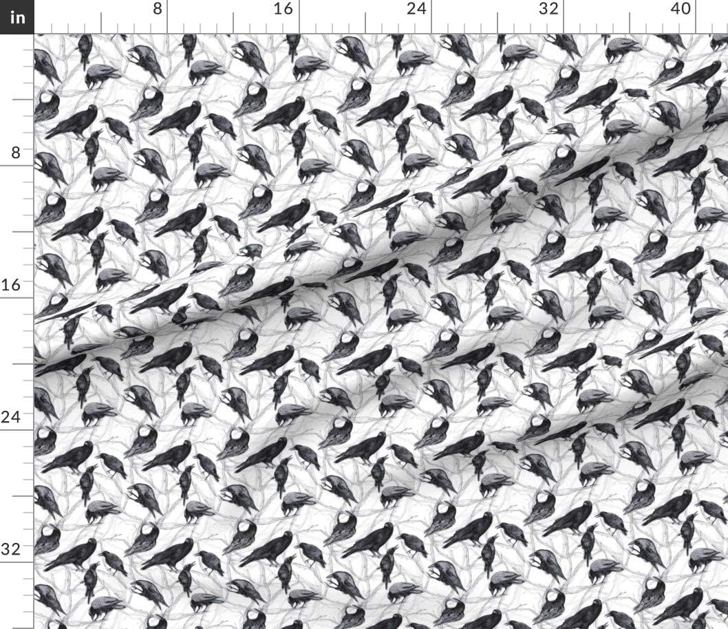 Spoonflower Fabric - Crows Birds Black Bird White Pen Ink October Printed on Petal Signature Cotton Fabric by The Yard - Sewing Quilting Apparel Crafts Decor