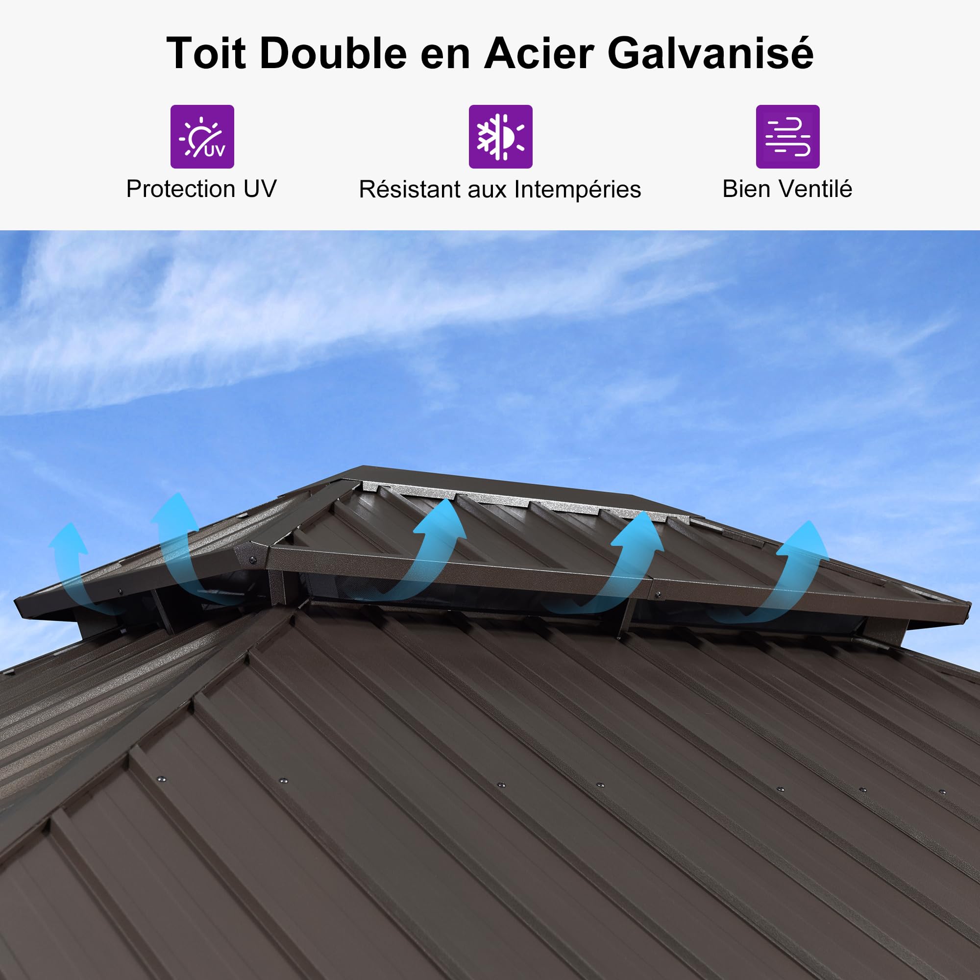 PURPLE LEAF Pergola Toit Rigide Acier Galvanisé 4,85 x 3,65 m Éclairage Intégré Rideaux Aluminium Bronze