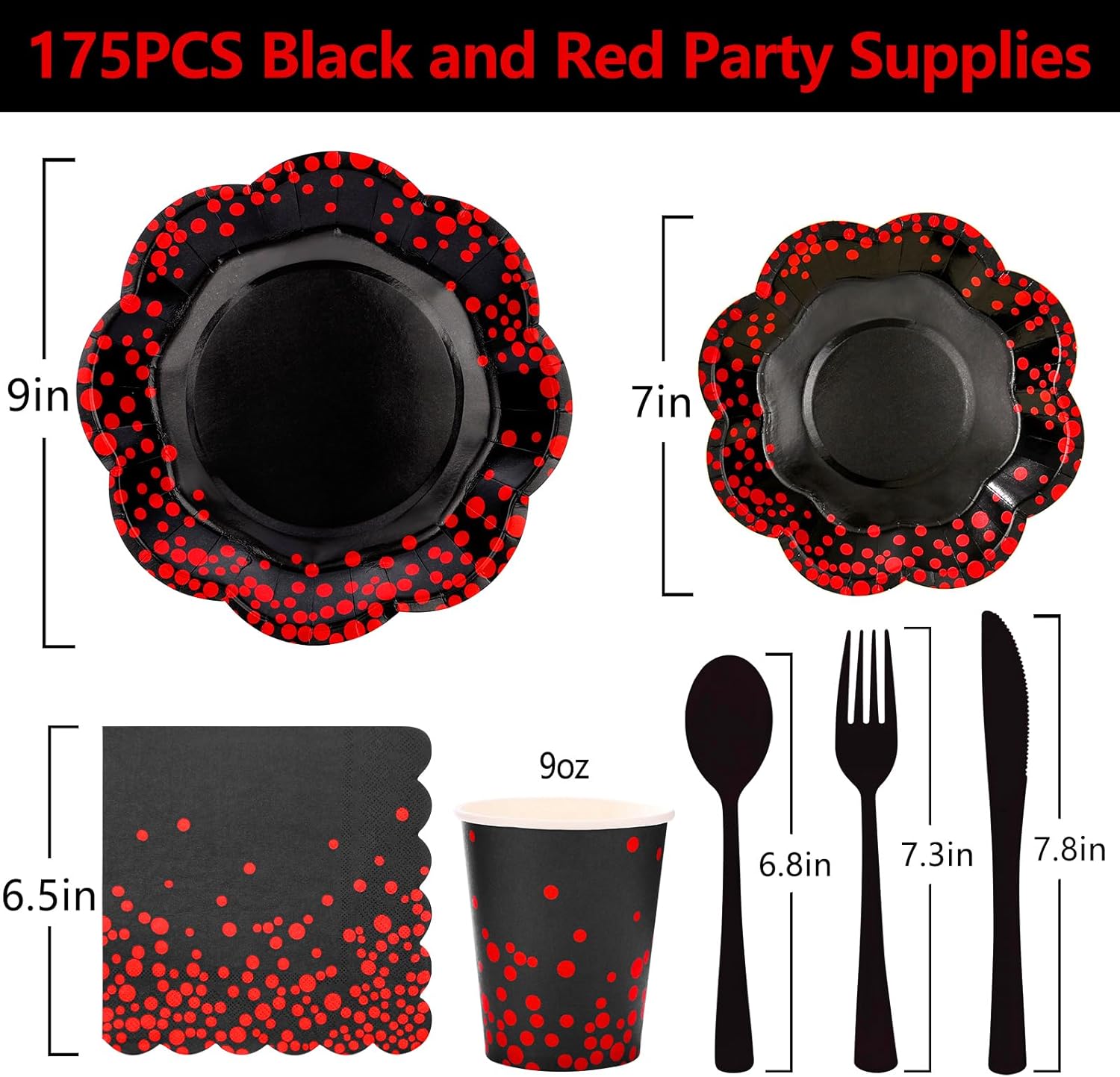 175PCS Halloween Paper Plates,Red and Black Party Decorations,Red Dot on Black Paper Plates and Napkins for Birthday Baby Shower Wedding Anniversary Halloween Party Decorations,Serves 25