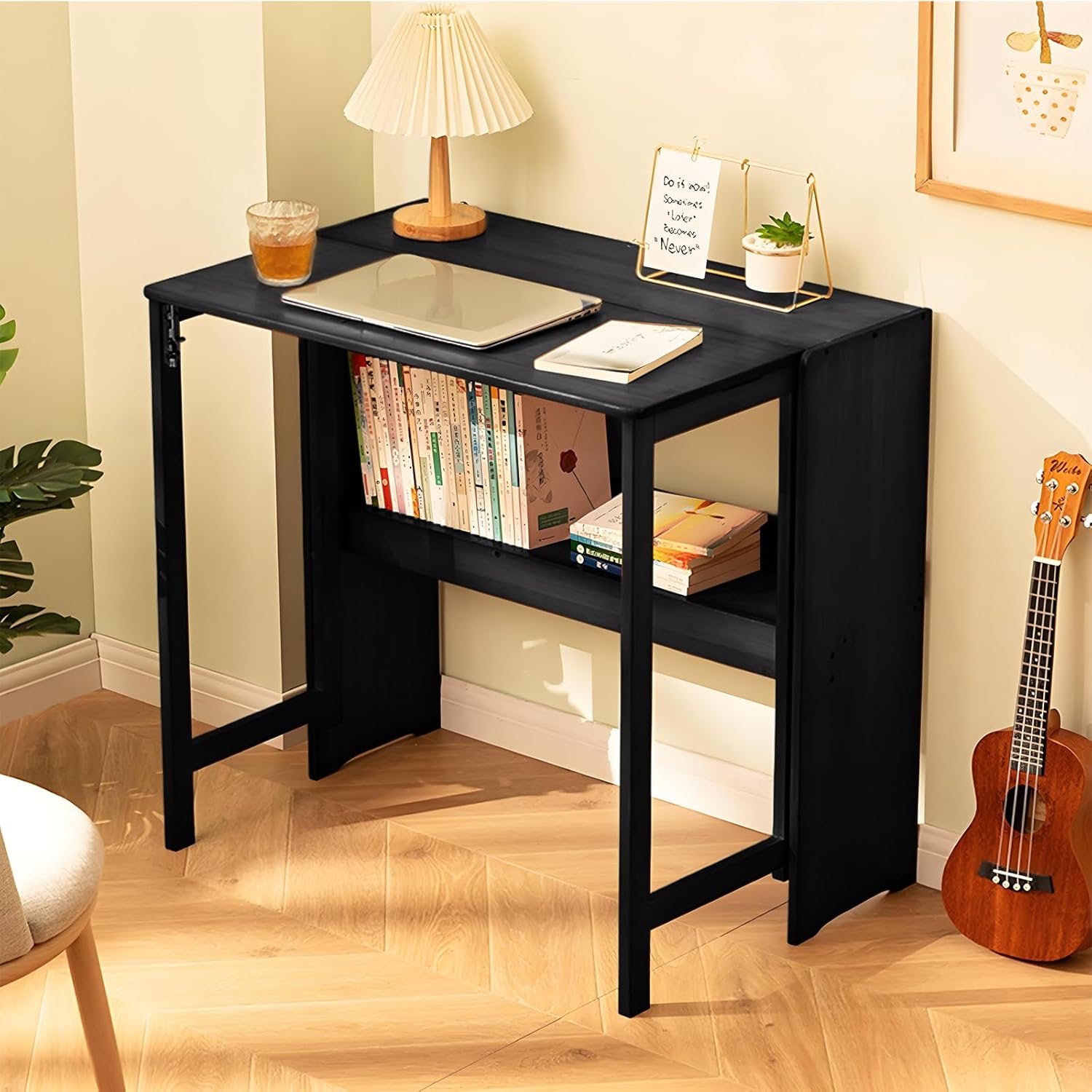 Bamboo Folding Desk Mid Century Modern Desk for Home Office Bedroom Small Spaces，Natural