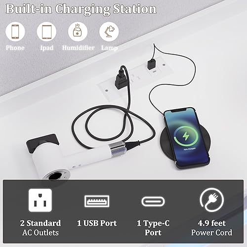 Miniatura 3 de Whalefall Cómoda blanca para dormitorio con 9 cajones, cómoda con luces LED y estación de carga, cómoda moderna con 3 cajones visuales, cómoda LED