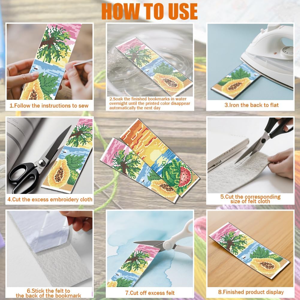 FREEBLOSS 6 Set Cross Stitch Bookmark Kit 11CT DIY Cross Stitch Kits Summer Fruits Pattern Stamped Embroidery Kit with Instructions Bookmark Making Set for Adult Beginners 8x2.4inch