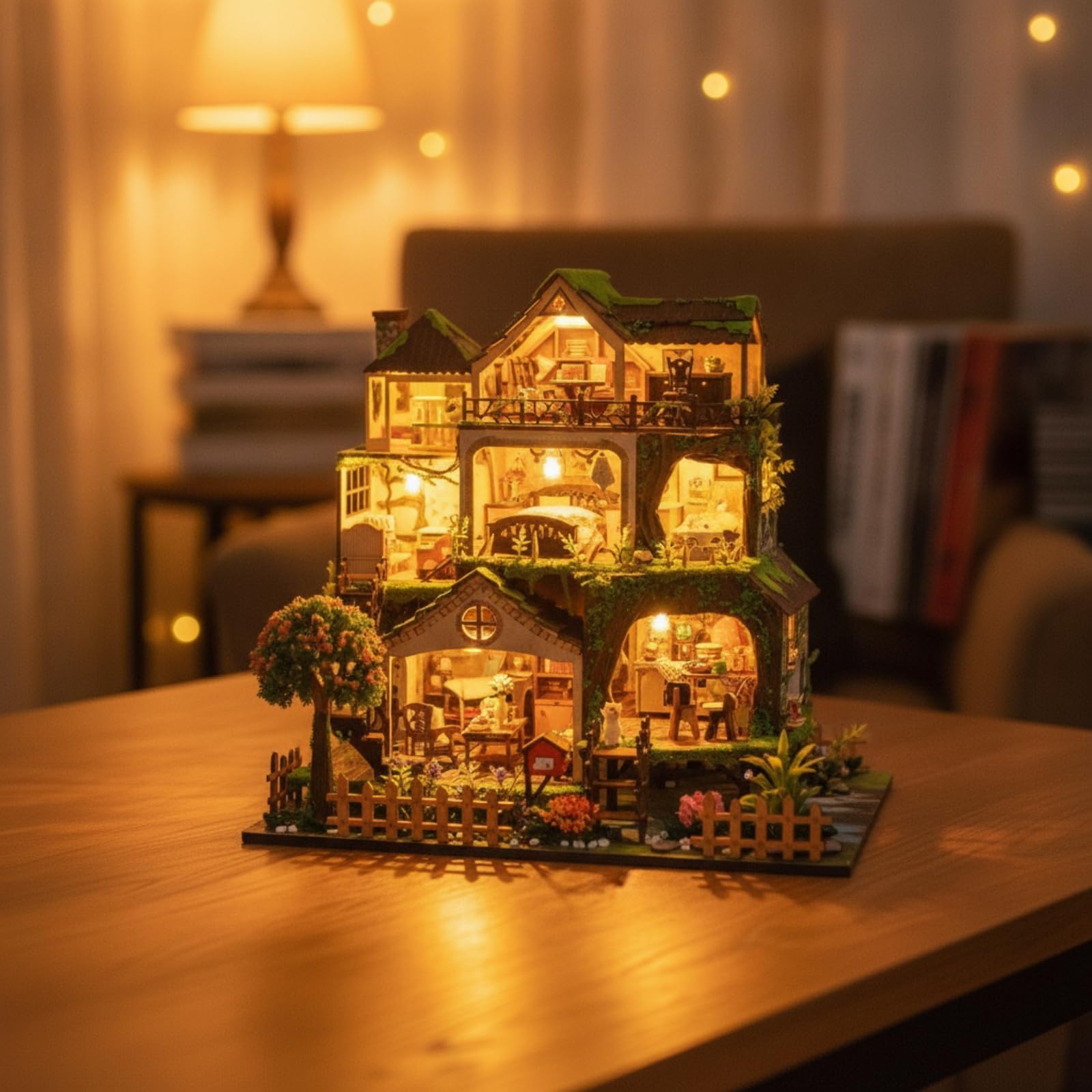 Gralara Casa in Miniatura Fai da Te Luminoso Casa in Miniatura Decorativo Miniature Angolo Libreria con Luci per Collezionisti, Libreria, Scrivania, Soggiorno, L2501童话森林-中文包装