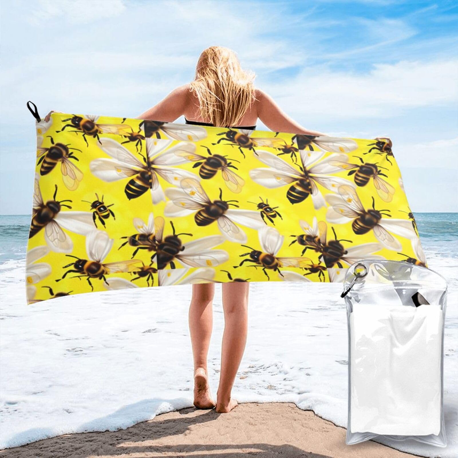 WYCZHY Flying Bees Daisy Honeys Print Beach Towel Soft Quick Dry For Spa Pool Gym Vacation Travelers Women Men Adults Sauna Gift