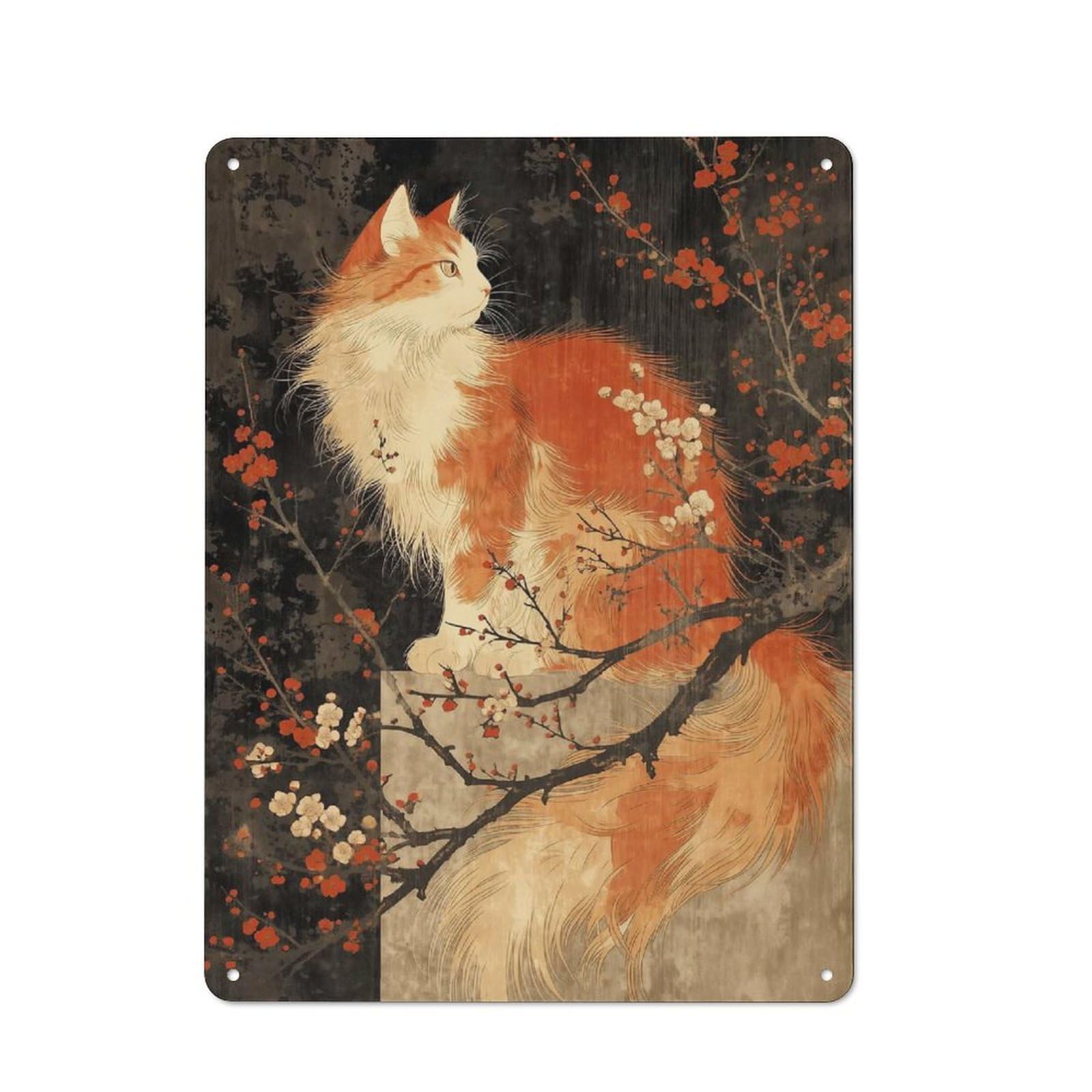 40x30cm Retro Metal Sign with Vintage Art of A Japan Cat with Cherry Blossom for Dining Room Or Kitchen, for Vintage Wall Decor Fans, for Metal Sign Collectors