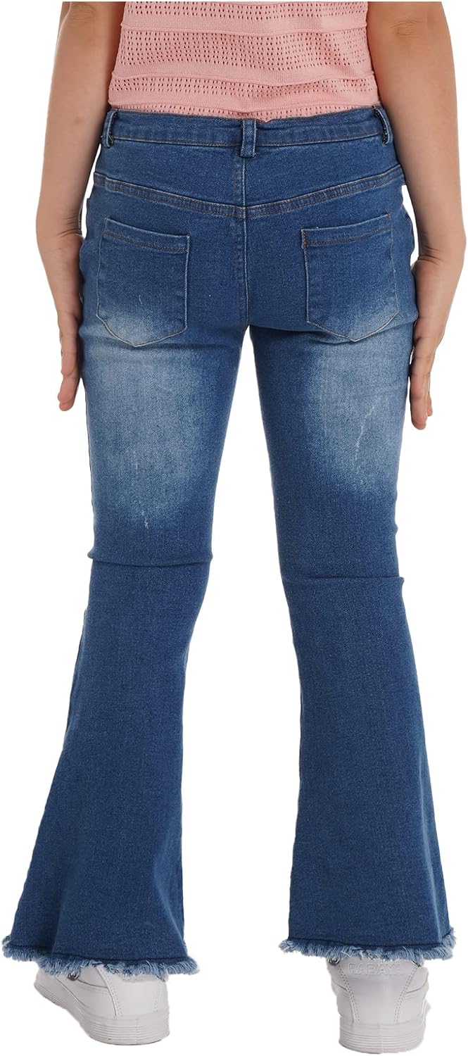 Oyolan Kids Girls Youth Casual Ripped Jeans Bell Bottom High Waist Flare Pants Wide Leg Fashion Denim Pants