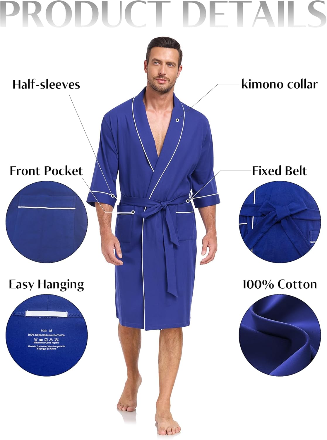 EA'S SECRET 100% Cotton Men's Lightweight Robe Summer Short Sleeve Bathrobe Soft Knee Length Robe with Pockets - Image 5