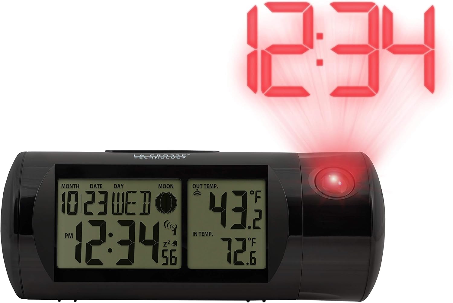 La Crosse Technology 616-143 Projection Alarm Clock with Backlight with in/Out Temp, 7.09" L x 2.87" H, Black