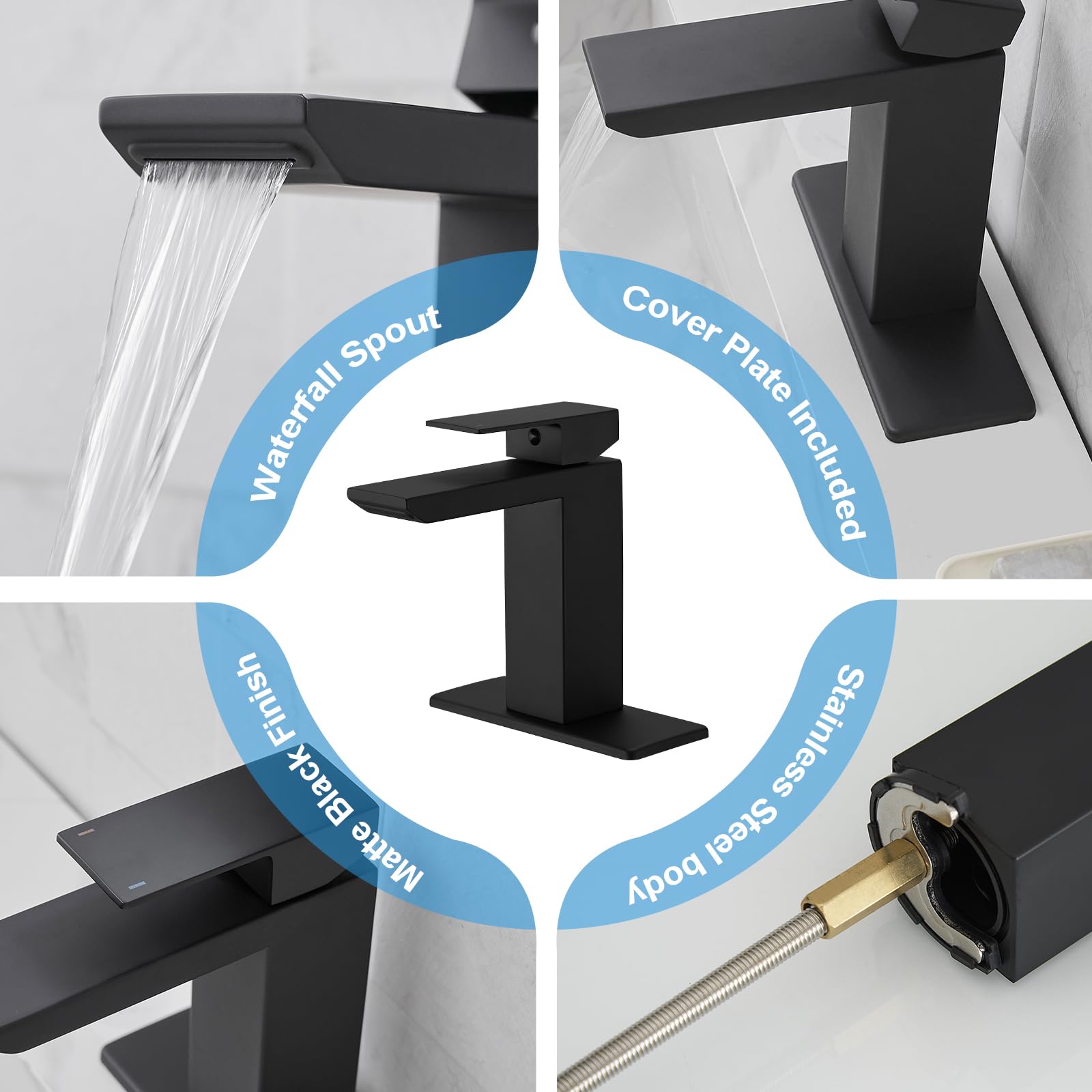 RUMOSE Matte Black Bathroom Faucet Set with Pop Up Drain Single Handle Bathroom Sink Faucet 1 & 3 Hole Waterfall Spout Bathroom Faucets Kit with Deck Plate Rv Lavatory Vanity Faucet, Stainless Steel