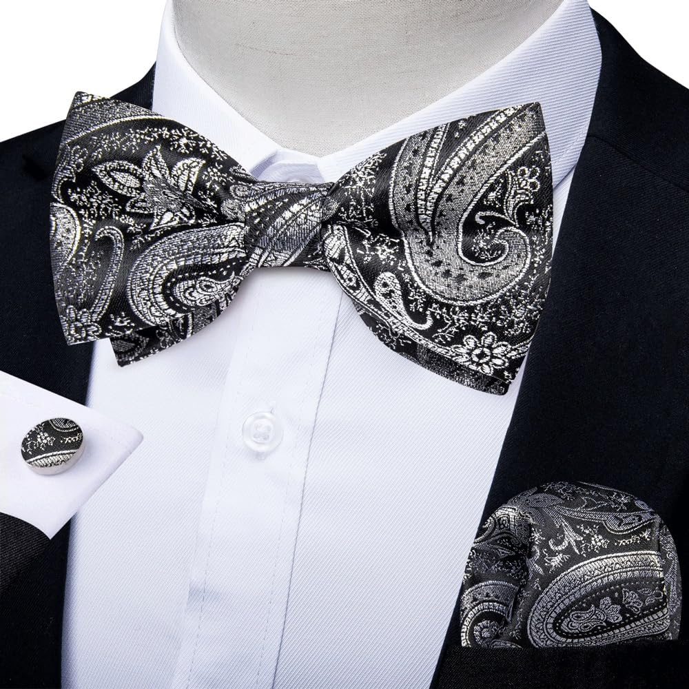 JFDBGU Bowties Wedding Business Party Shirt Accesoories Paisley Pre-tied Bow Tie Pocket Square Cufflinks