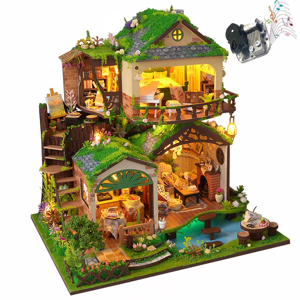 Domek dla lalek DIY, puzzle do pokoju 3D i podpórka do książek, zestaw "zrób to sam" do domku dla lalek z oświetleniem LED – kreatywny zestaw do dekoracji regału (bez osłony przeciwpyłowej)
