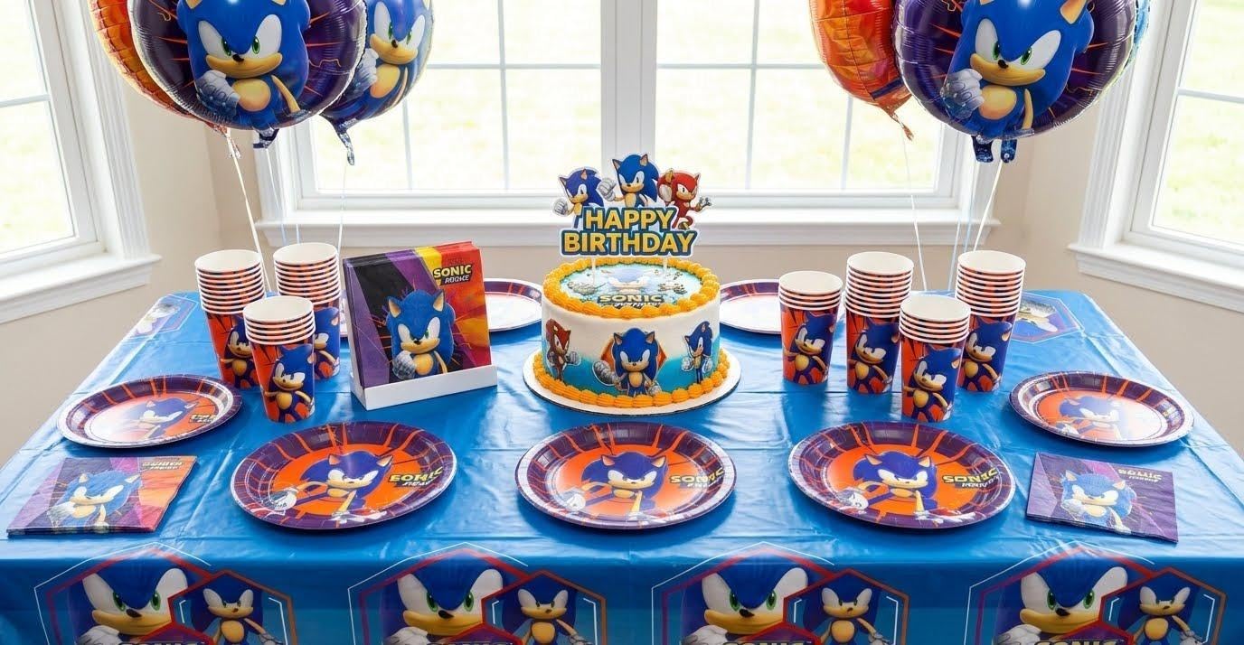 Kit Compleanno Sonic per 8 Persone - Set Festa con Piatti 23cm e Piatti 18cm, Bicchieri, Tovaglioli e Tovaglia - Addobbi Tema Sonic per Bambini