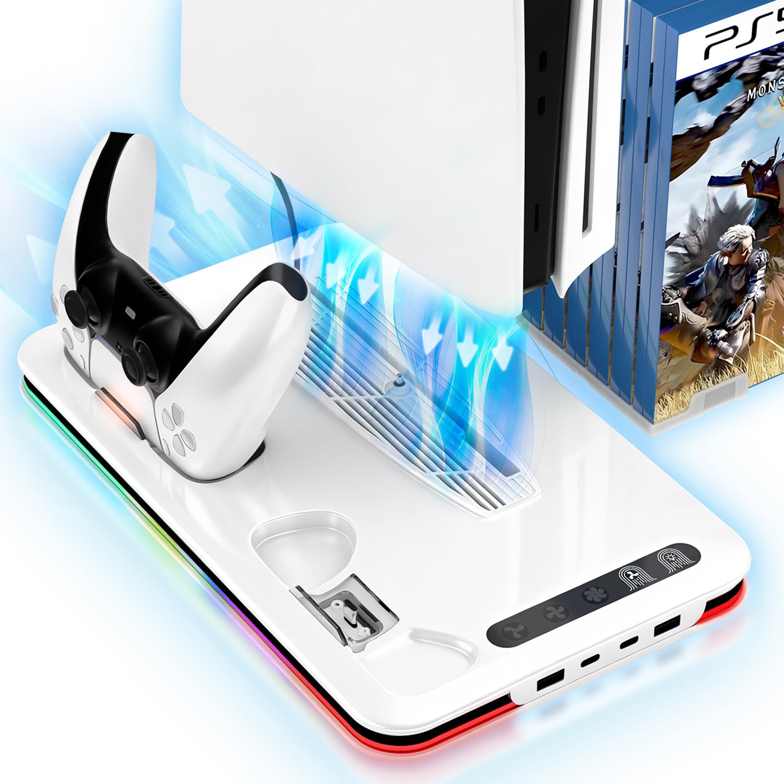 VGBUS Supporto per PS5 Pro/Slim/PS5 e stazione di raffreddamento con stazione di ricarica a doppio controller per console PlayStation 5, supporto di raffreddamento, kit di accessori PS5/Slim/Pro con