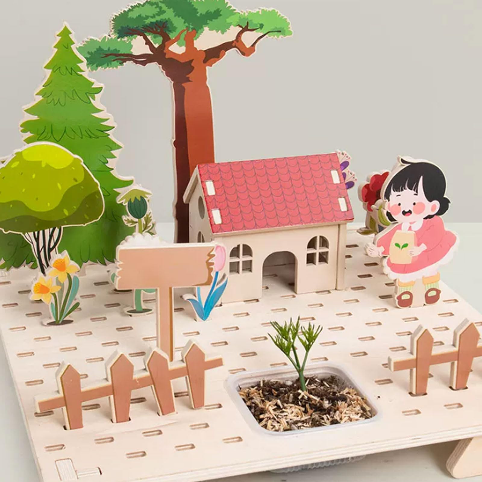 Kit di Puzzle 3D in Legno Fai-da-Te Cortile Montessori | Gioiello di Osservazione della Crescita delle Piante per Bambini, Set di Gioco Creativo Costruisci il Tuo Giardino