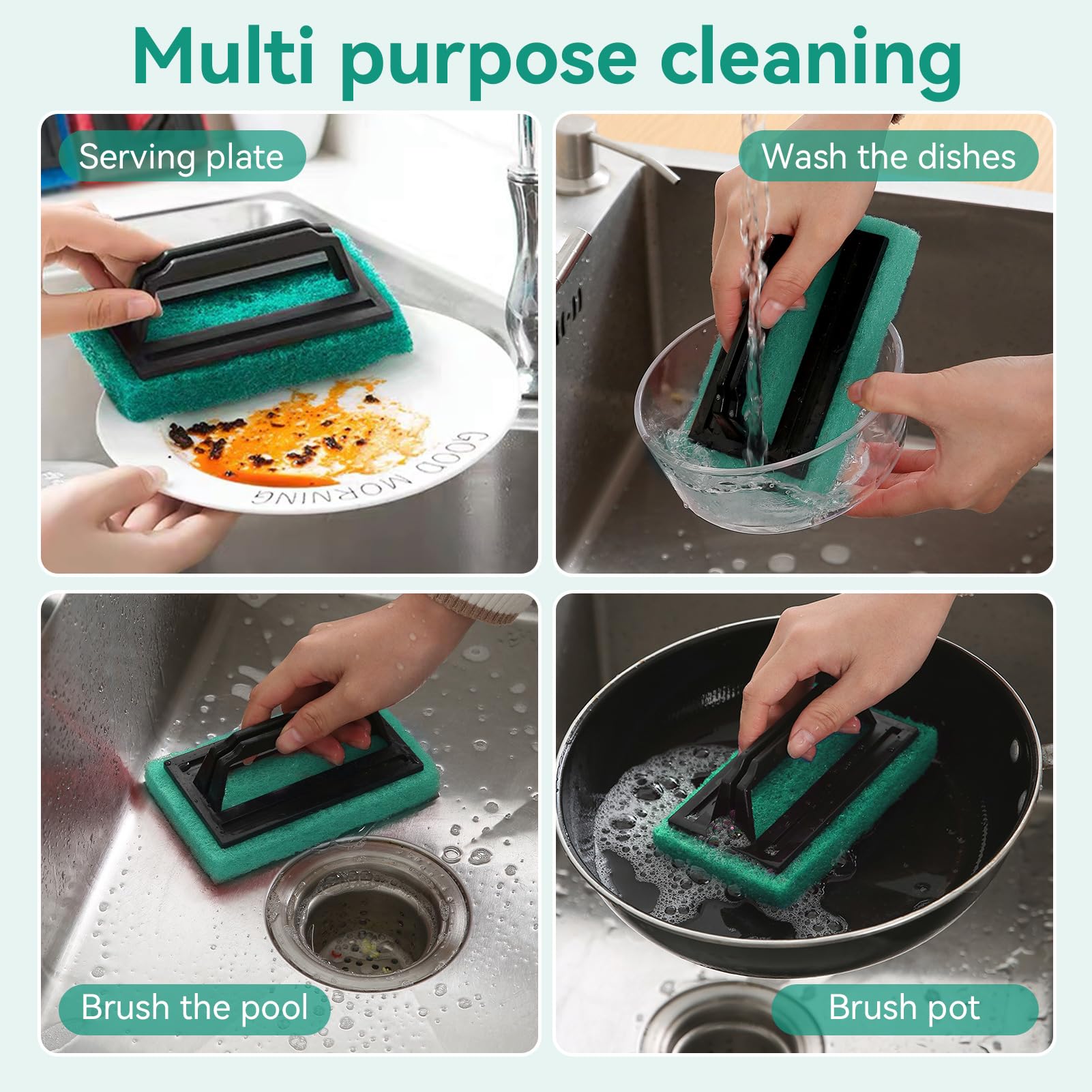 Kitchen Sponge Cleaning Sponge with Plastic Handle, Handle Sponge Brush, Heavy Duty Cleaning Sponge Scrub Brush - Image 2