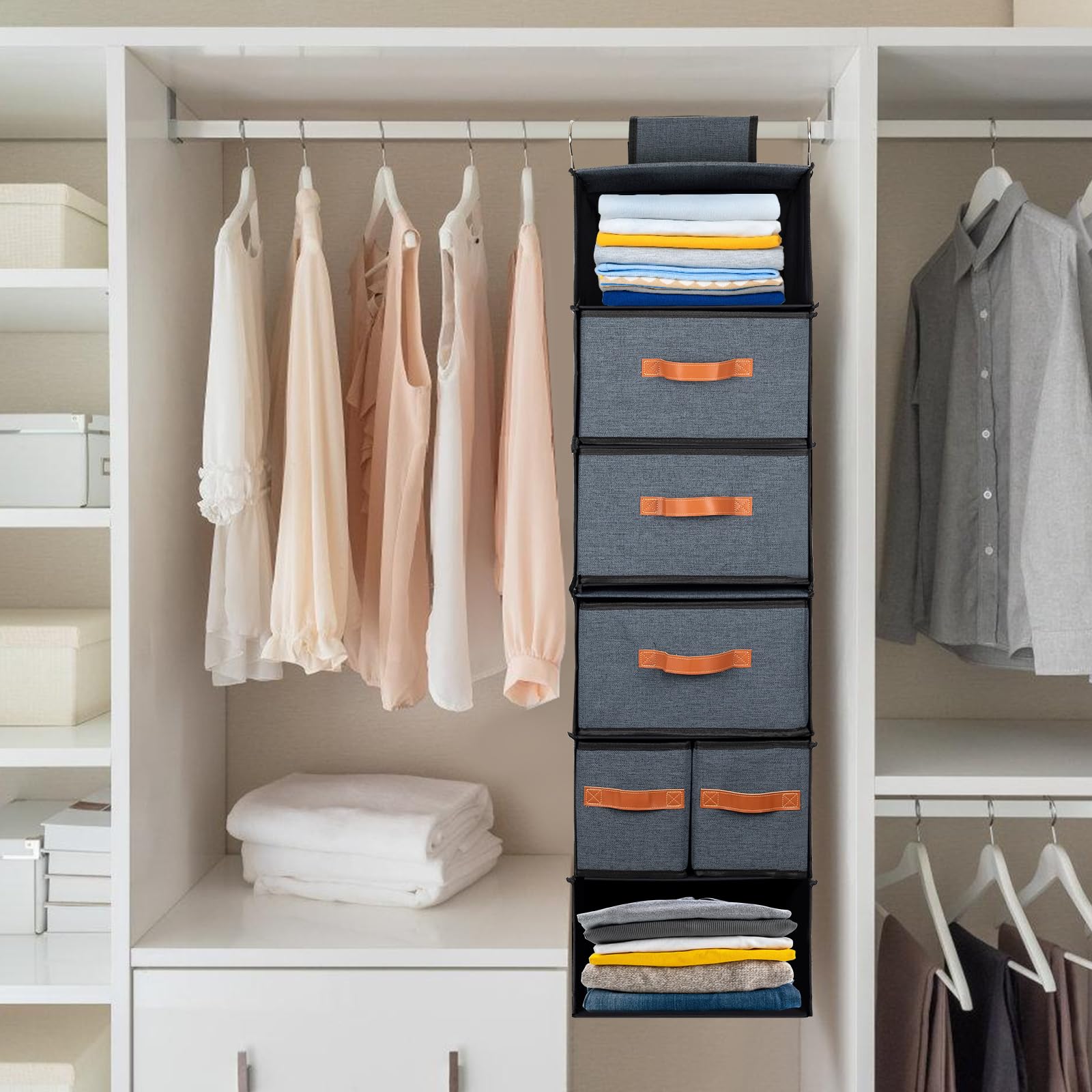 Étagère Suspendue, Rangement Suspendu avec 5 Tiroirs et 7 Compartiments, Étagères Organisateur de Rangement Suspendu Dessus de la Porte pour Chambre, Cuisine, 32 x 32 x 112 cm (Gris Foncé)