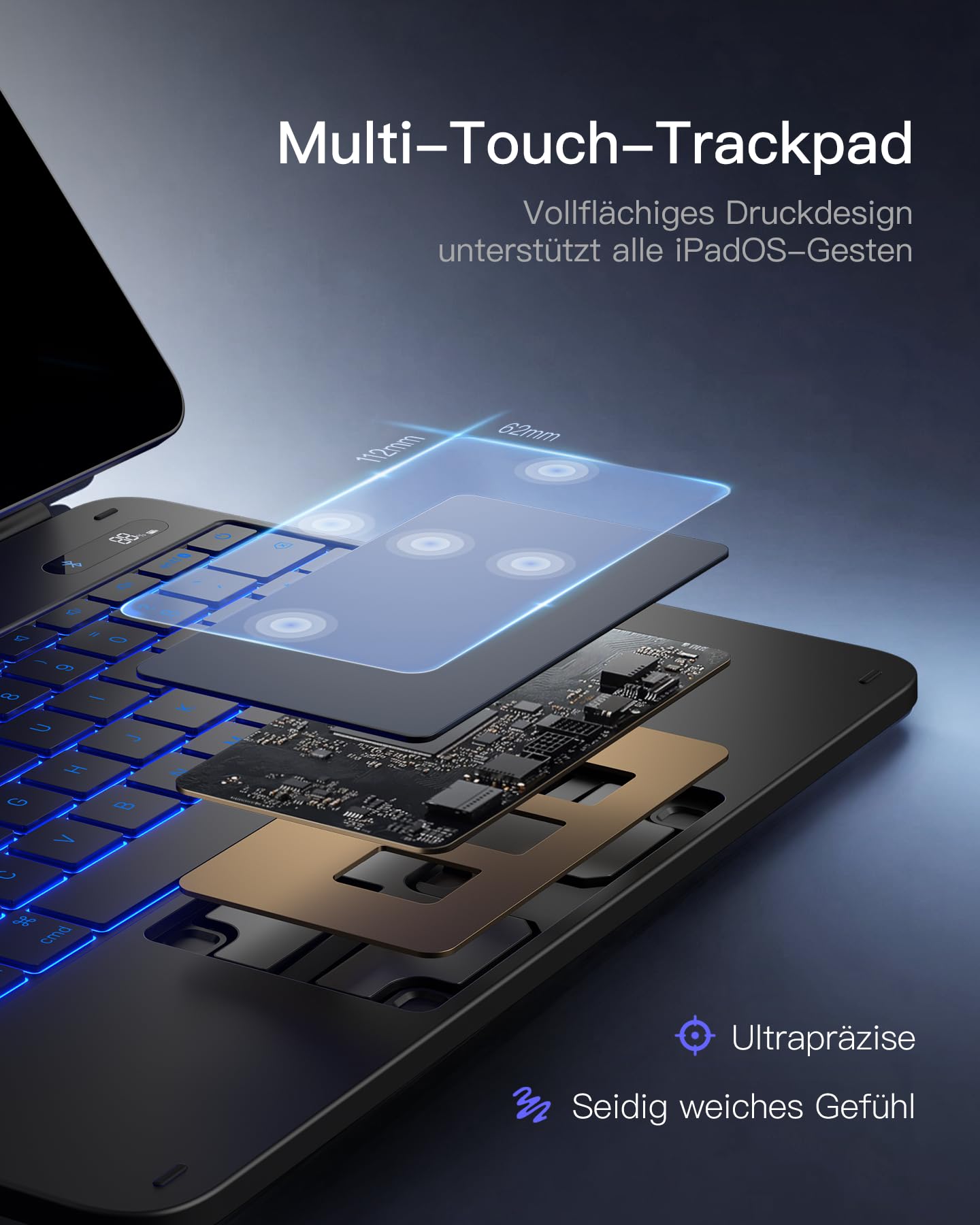 Inateck NeoMagic Magnetische Tastatur Hülle für iPad Air 13 Zoll M4/M3/M2(2026/2025/2024),iPad Pro 12.9 Zoll,Großes Trackpad,LED-Anzeige,7 Farben Hinterleuchtet,QWERTZ,mit Stifthalter,KB903