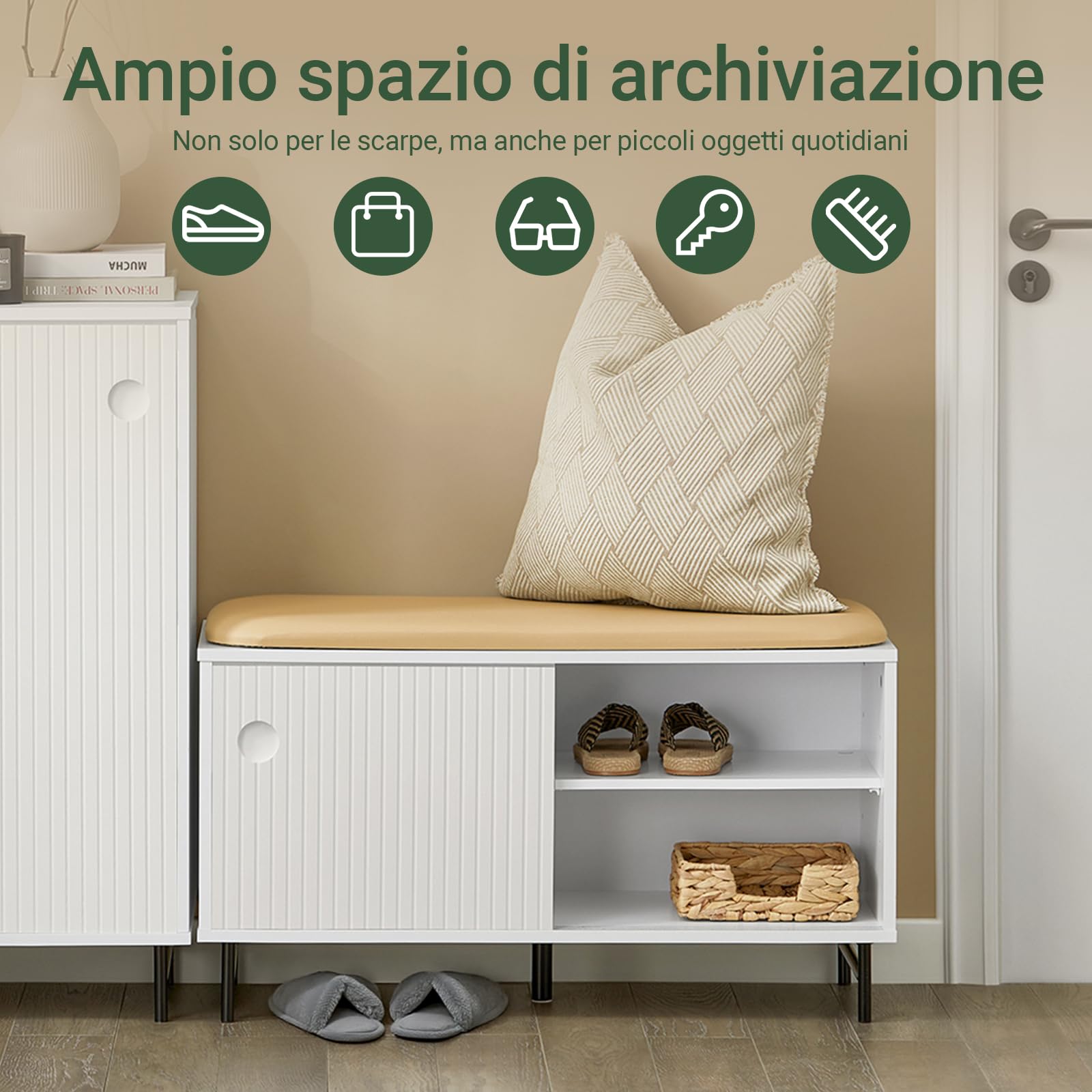 SoBuy Panca scarpiera con ante scorrevoli 85x37x49cm per ingresso | Cassapanca contenitore con seduta e 2 ante scorrevoli, 4 ripiani regolabili, MDF/bambù, carico 150kg FSR116-W