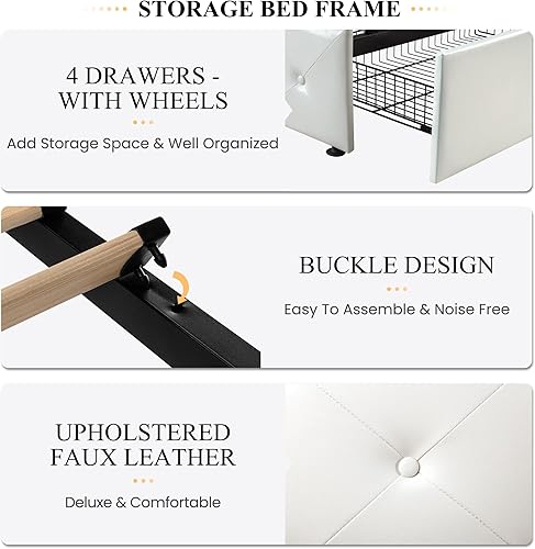 Miniatura 6 de SHA CERLIN Base de cama tapizada tamaño King con 4 cajones de almacenamiento, cabecera ajustable con diseño de botón cosido de diamante, soporte de