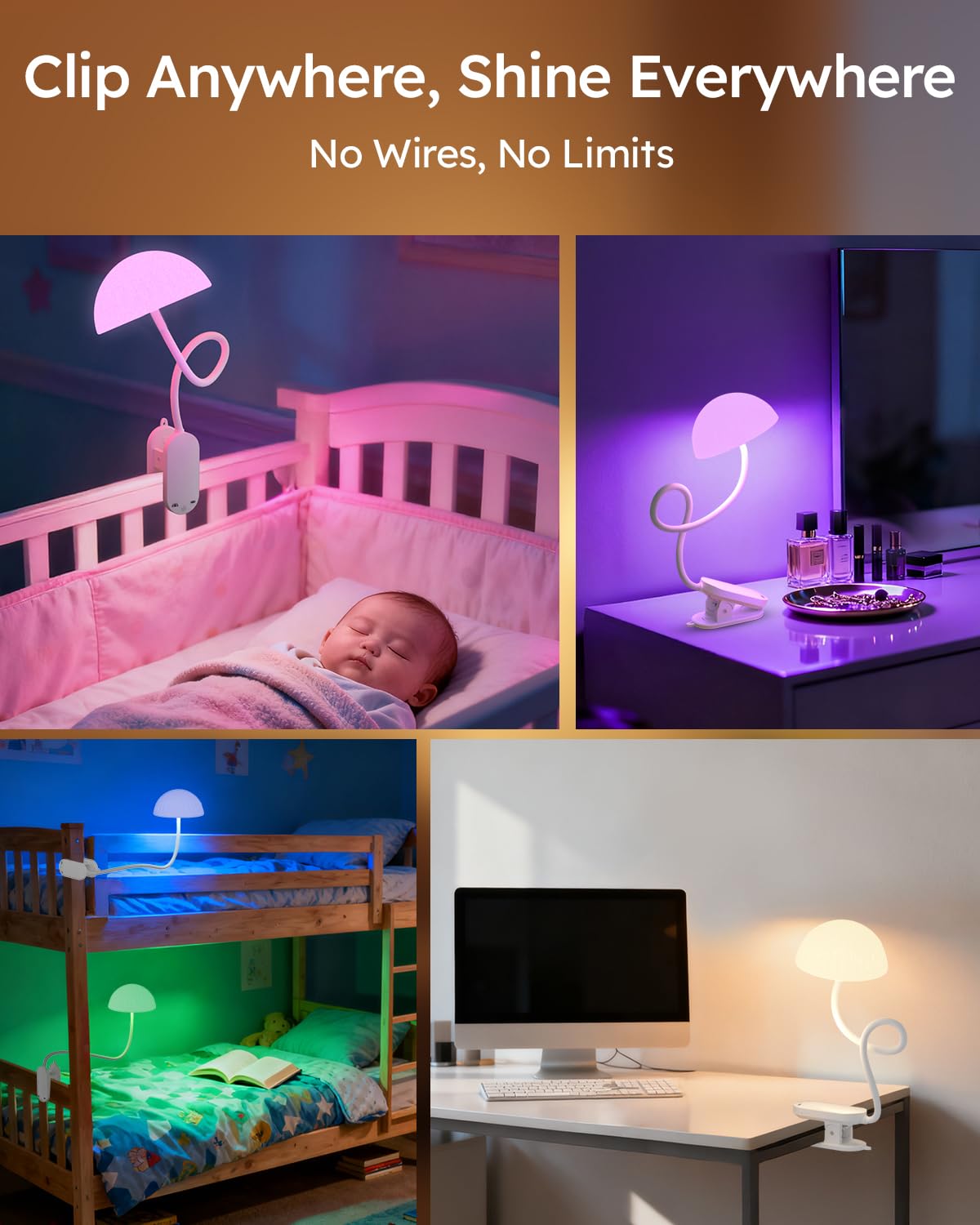 Lampe à Pince Rechargeable, Lampe de Table Sans Fil avec Commande Tactile, Lumière d'Ambiance RVB et Lampe de Lecture Dimmable de 3000K à 6000K pour Table, Lit et Tête de Lit