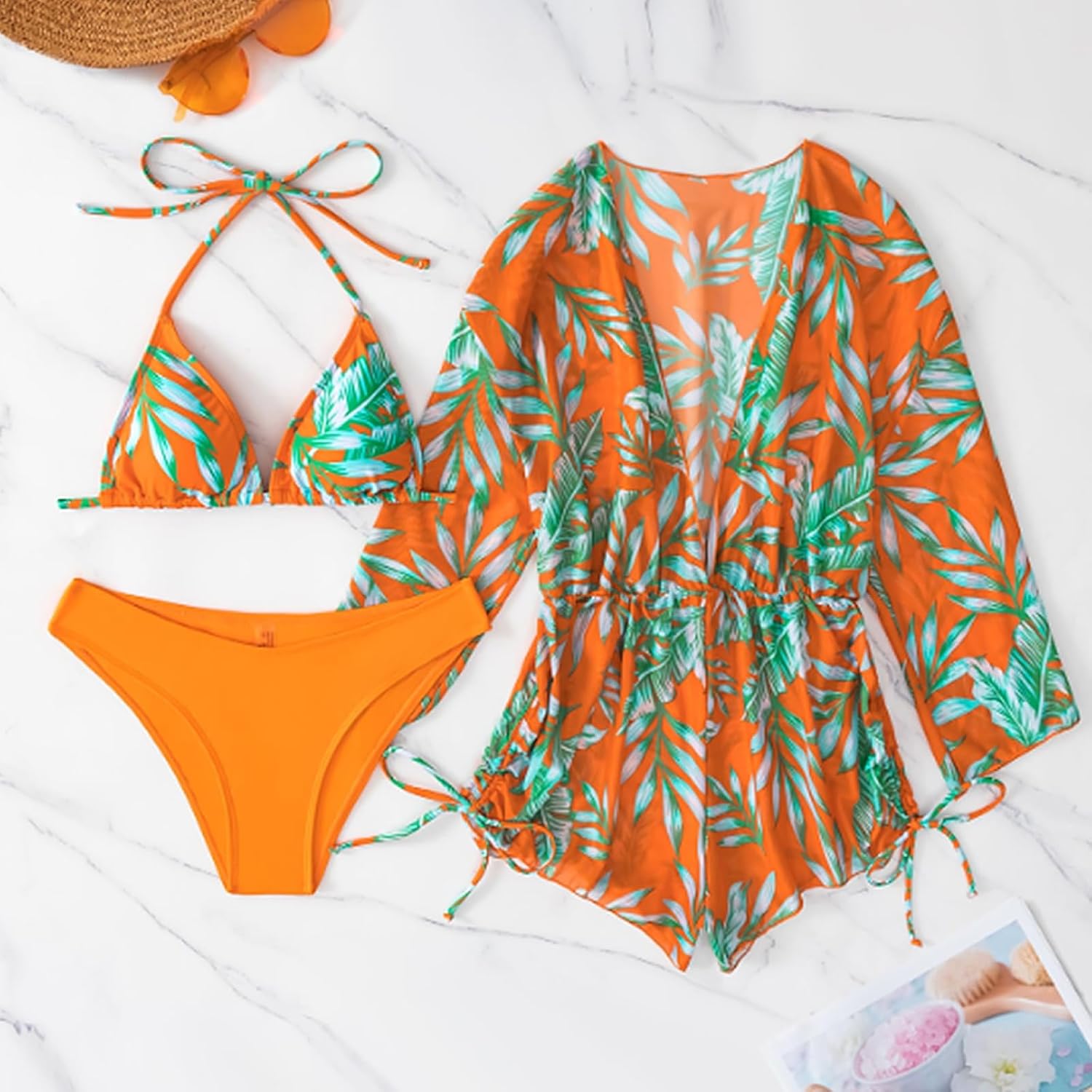 Women's 3 Piece Swimsuit with Cover Up Sexy Triangle Bikini Set Bathing Suit Beach Coverup XS-XXL - Image 3