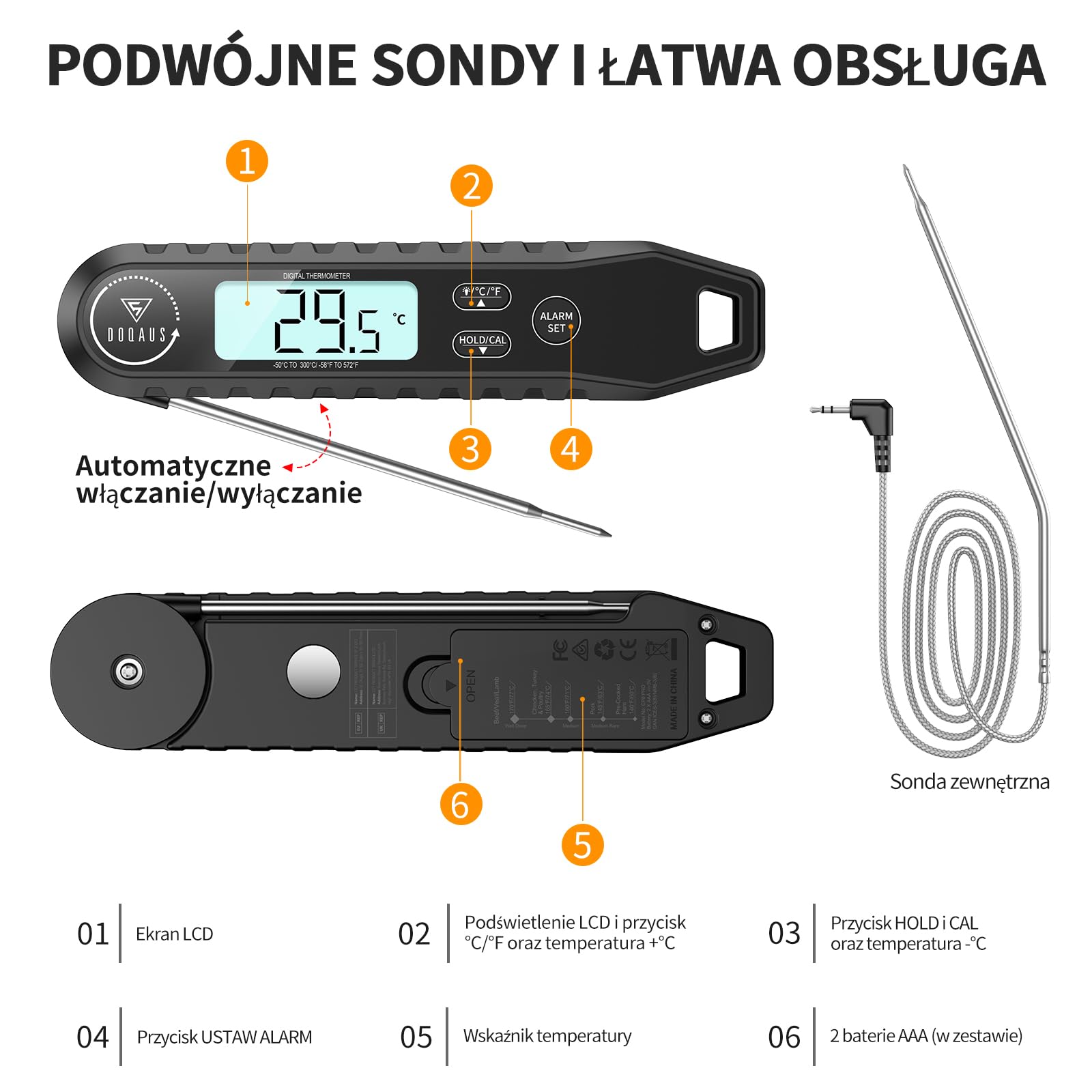 DOQAUS Termometr do mięsa z 2 Sondami - Dokładność ± 1°C i Pomiar w 3 Sekundy, Alarm i Podświetleniem do Pieczenia i Grillowania (Czarny)