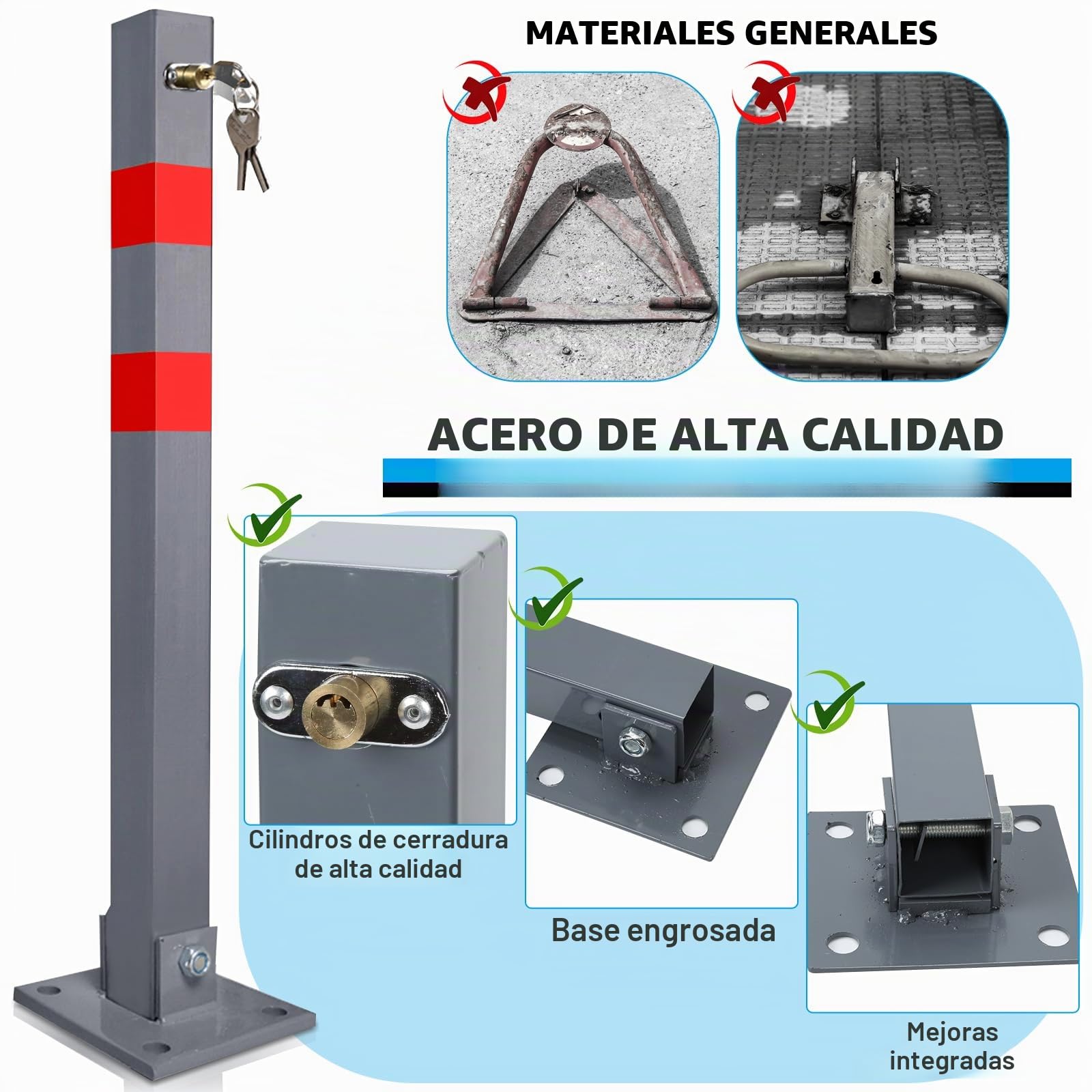 Sonnewelt 1 poste de aparcamiento con 3 cierres, bloqueo de aparcamiento con tiras reflectantes, postes de barrera plegables, acero robusto, soporte estable para parque