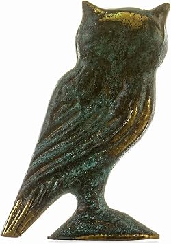 Owl of Athens Wisdom Solid Bronze Sculpture Ancient Greek Green-Gold Handmade