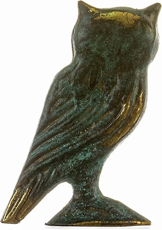 Owl of Athens Wisdom Solid Bronze Sculpture Ancient Greek Green-Gold Handmade