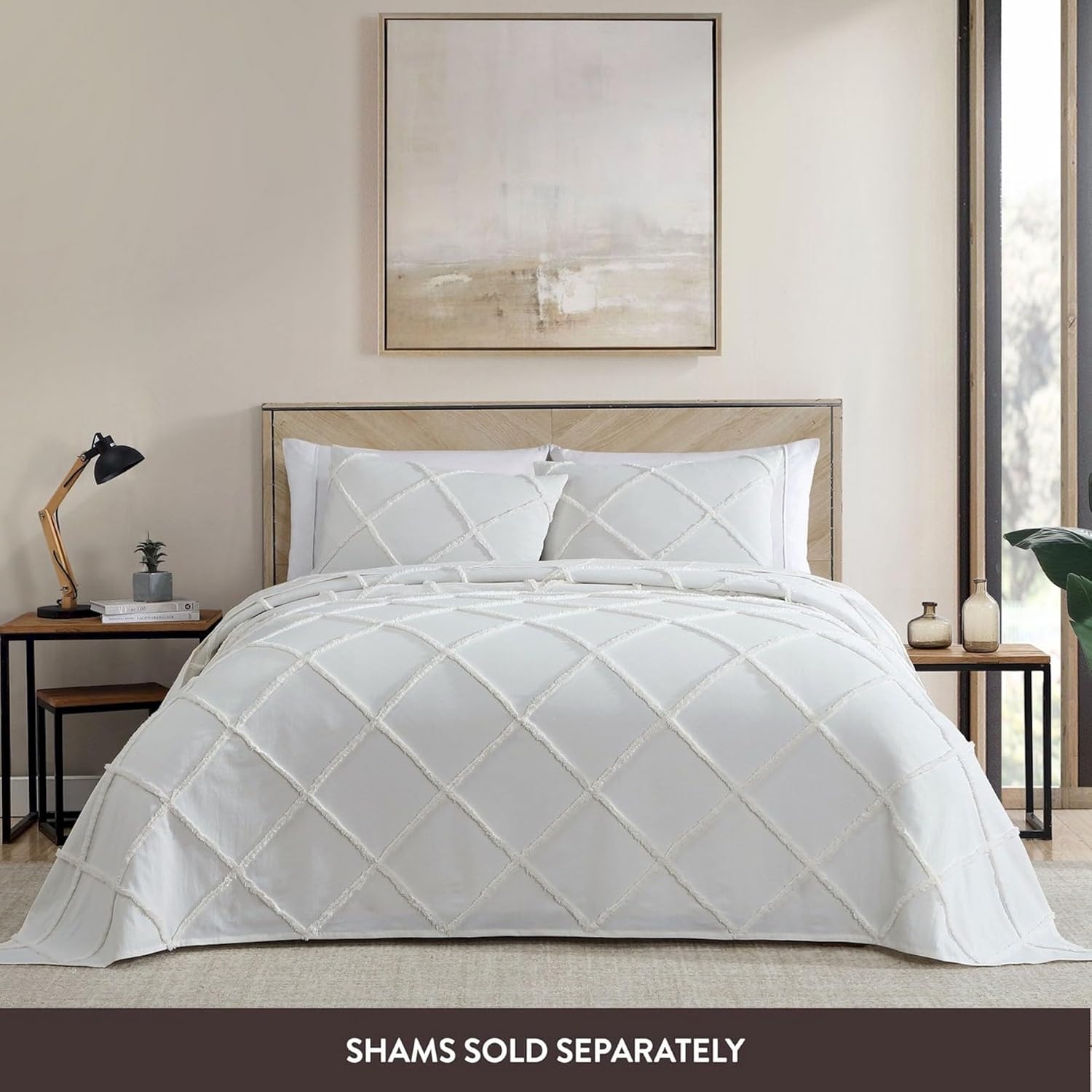 ELLE Decor Diamond 100% Cotton Chenille Bedspread, Full, Ivory