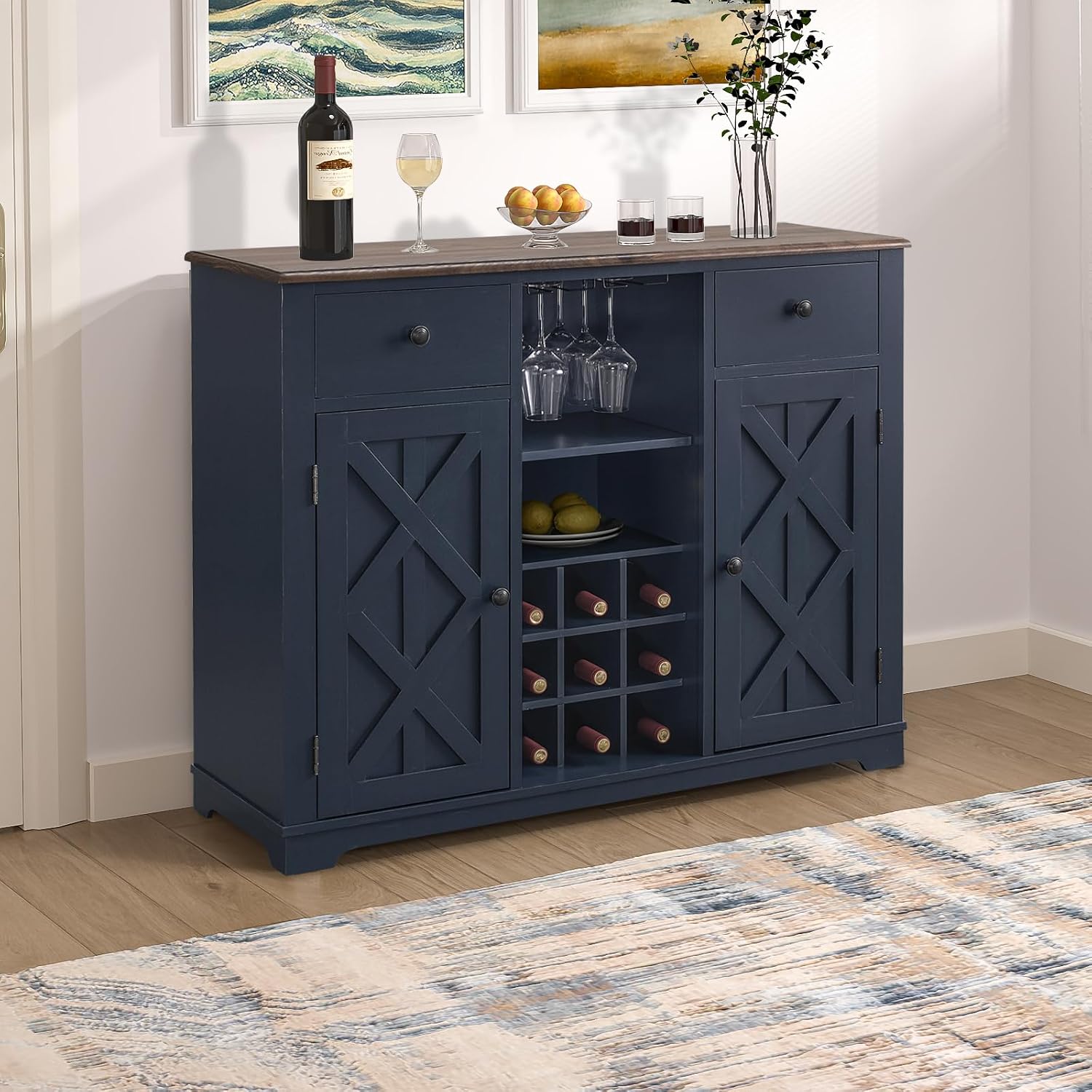 LIVILAND Rustic Wine Cabinet with Wine Rack and Lattice, Sideboard Buffet Cabinet with Drawers, Multifunctional Storage Cabinet for Kitchen, Dining Room, 47 Inch (Navy)