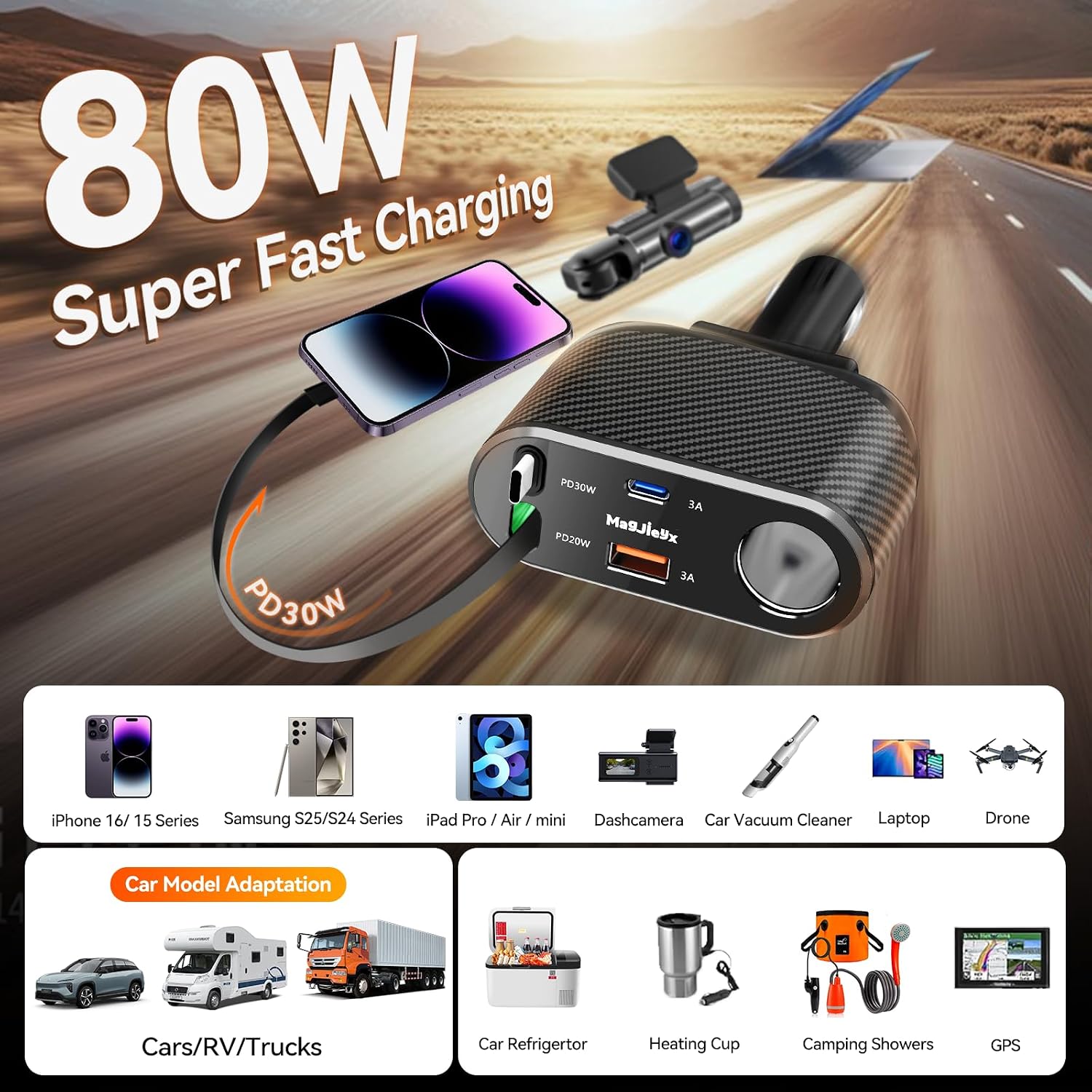 MAGJIEYX Car Cigarette Lighter Splitter Charger, Fast Car Phone Charger with 1-Socket(100W) Charging Adapter and USB C Coiled Cable for iPhone 17 16 15, Galaxy S25 Ultra/iPad/GPS/Dash Cam/Laptop