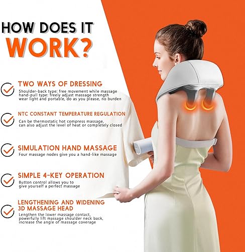 Miniatura 5 de gigididi Masajeador de cuello y hombros Shiatsu inalámbrico 6D con calor, motor sin escobillas recargable, intensidades ajustables, cabeza extendida