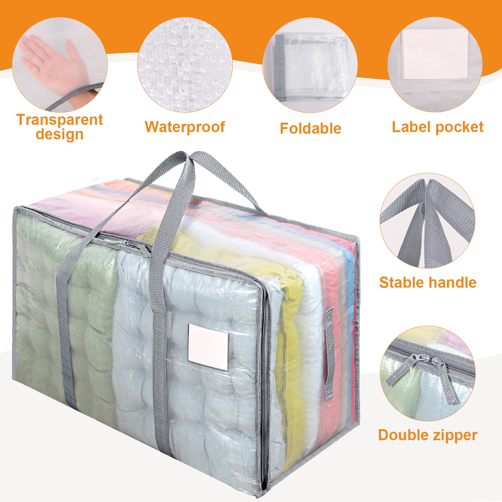 Dntorx 8er-Pack 105L Transparente Umzugstaschen Kleidungsaufbewahrungstaschen Strapazierfähige Umzugstaschen Packtaschen mit Reißverschlüssen für Umzug Kleidung Bettwäsche Daunendecke Spielzeug