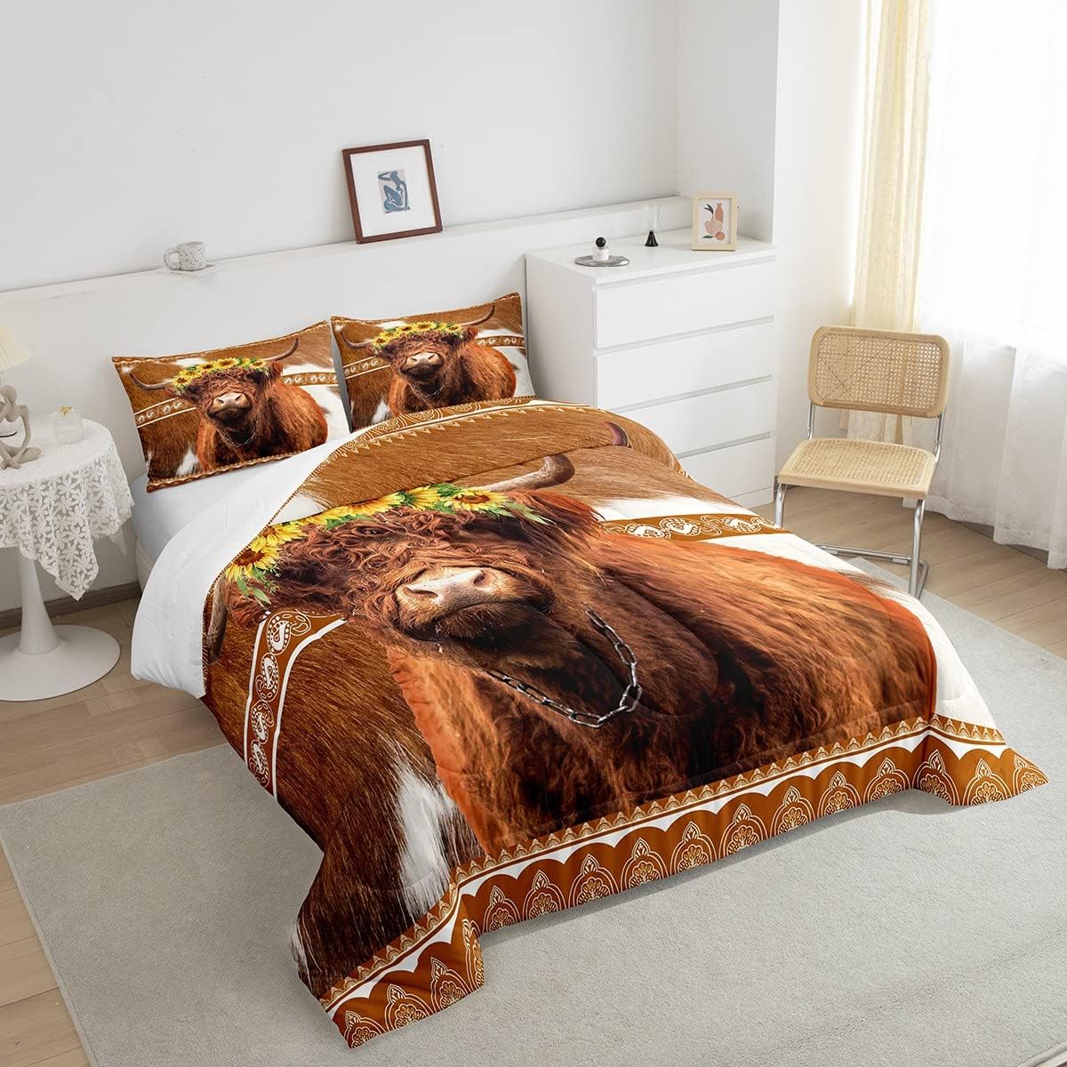 HighlCow Comforter Set Cowhide Comforter for Kids Boys Girls Sunflower Floral Cow Fur Print Bedding Set Aztec Western Boho Duvet Set Room Decor Quilt Queen Size Boys