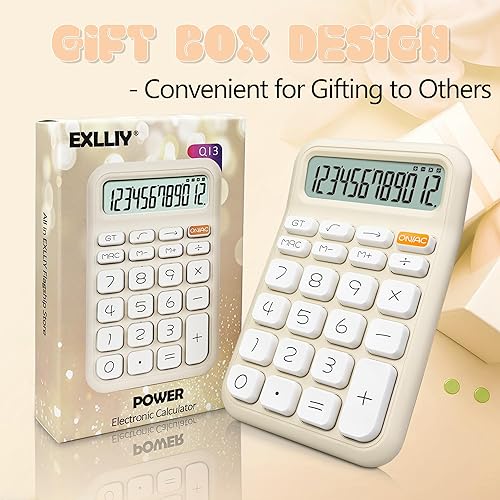Miniatura 5 de Exlliy Calculadora linda,12 dígitos,Pantalla LCD grande,Calculadora beige Botones grandes,Calculadora de interruptor mecánico,Calculadora de