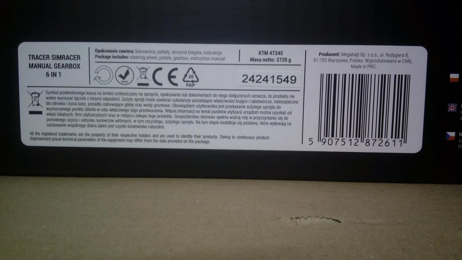 Front of the Tracer SimRacer product packaging